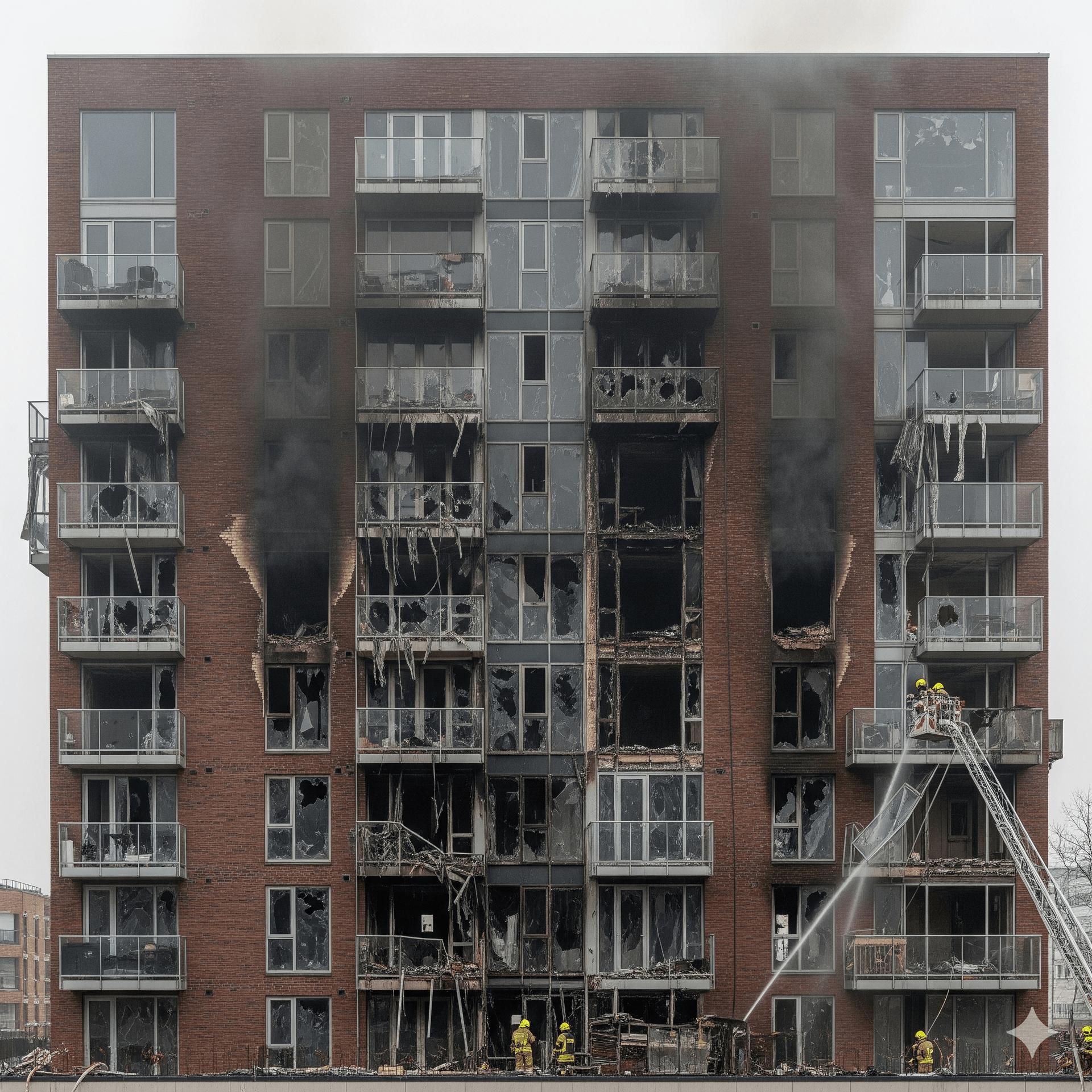 Fire-damaged brick apartment building with dark smoke billowing out; firefighters spraying water.