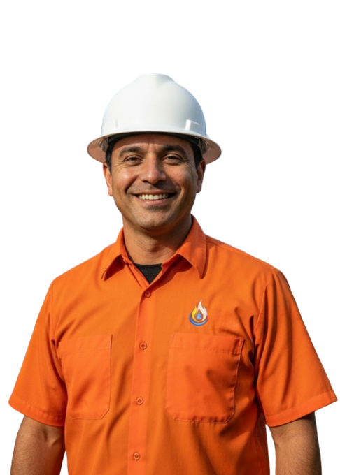Smiling man in orange work shirt and white hard hat.