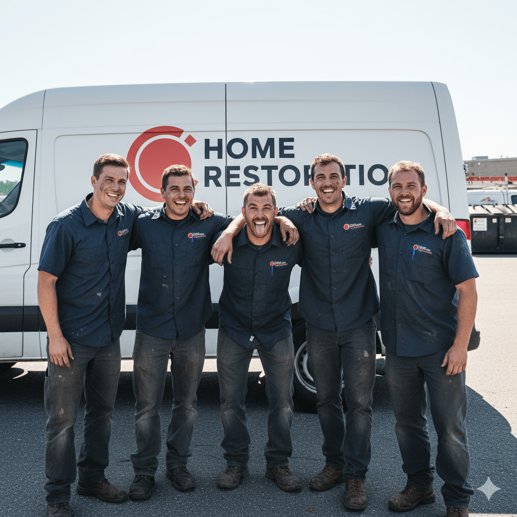 Five men in matching shirts pose in front of a Fire Restoration van, smiling.