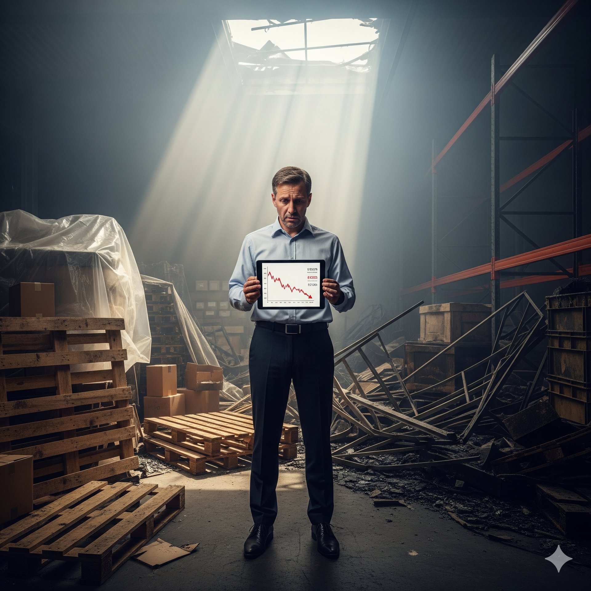 Man in damaged warehouse, holding tablet with downward graph. Pallets, boxes, and debris visible.