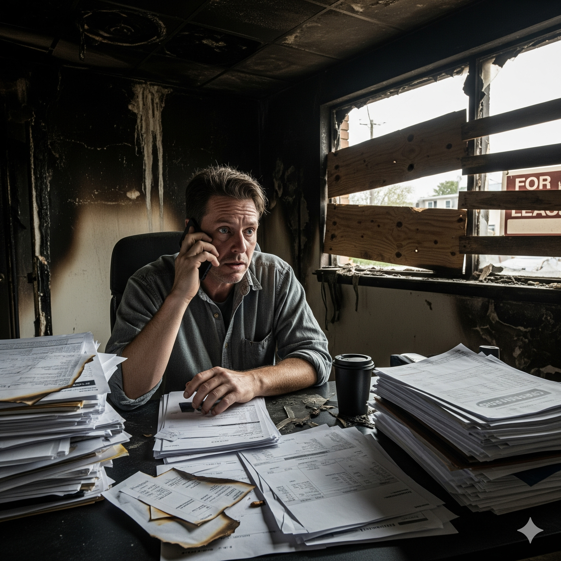 Man on phone in burnt office, papers strewn, looking worried.