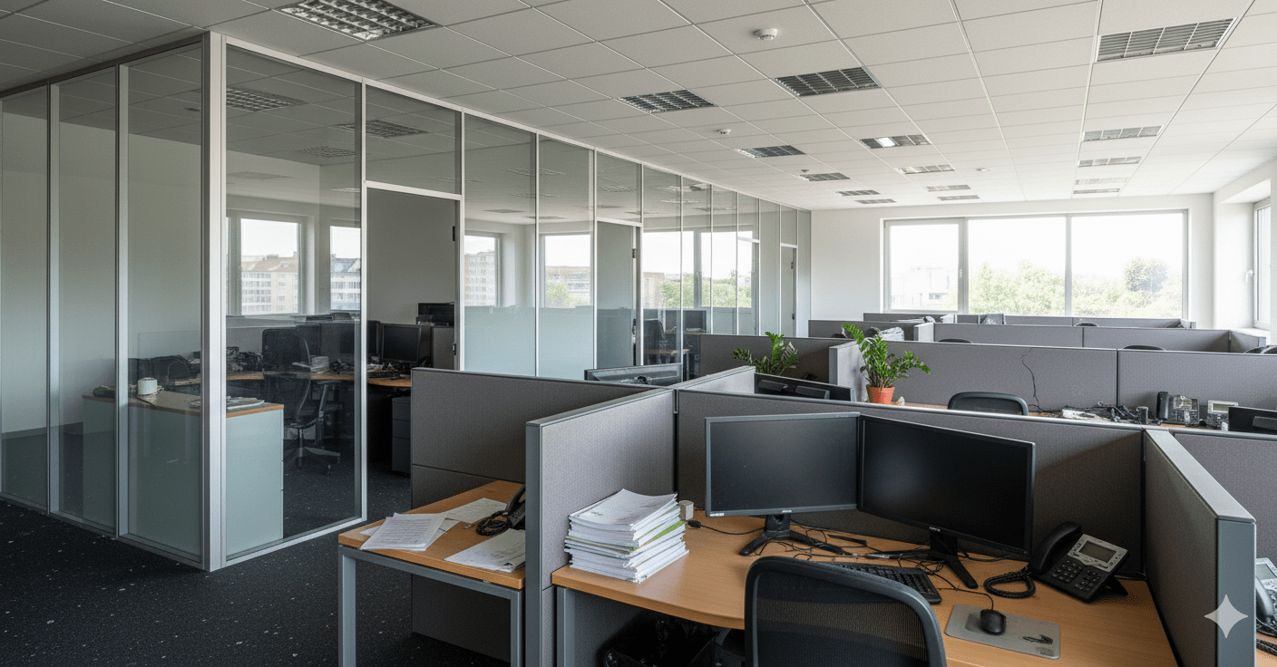 Office space with cubicles, desks, computers, and glass-walled private offices.