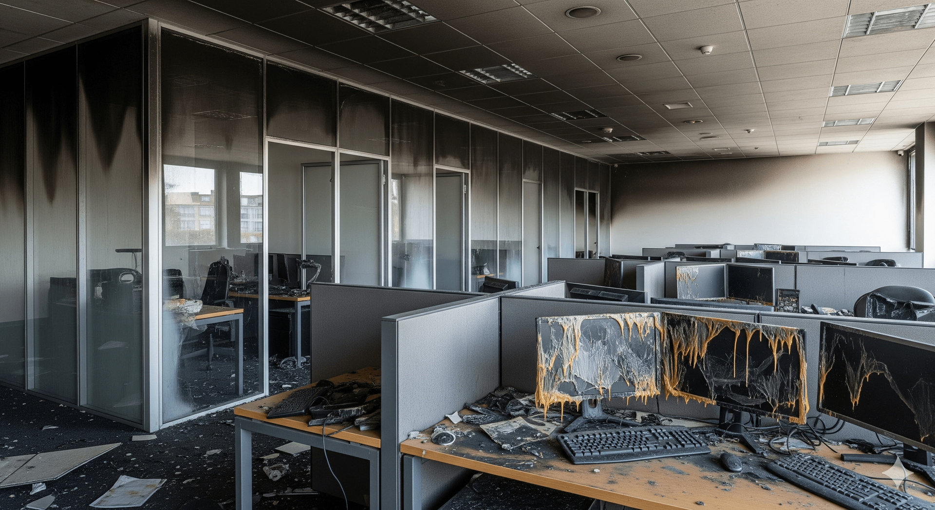 Burned-out office interior; desks and computers charred, walls and ceiling blackened by fire.