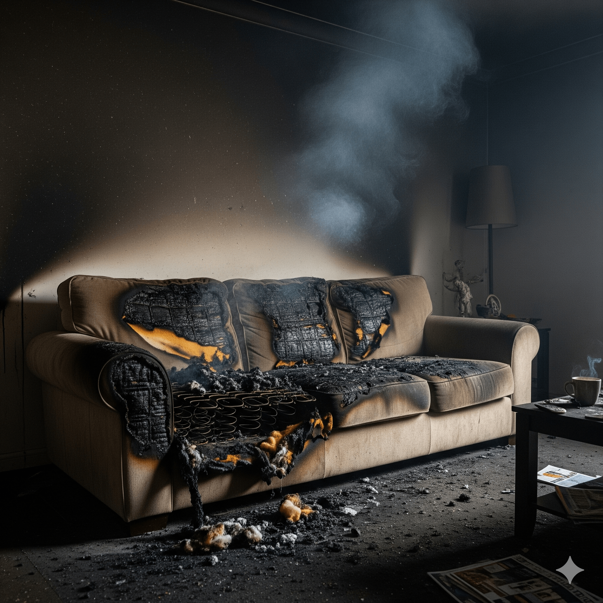 Charred sofa in a dark room with smoke rising. Remains of a fire.