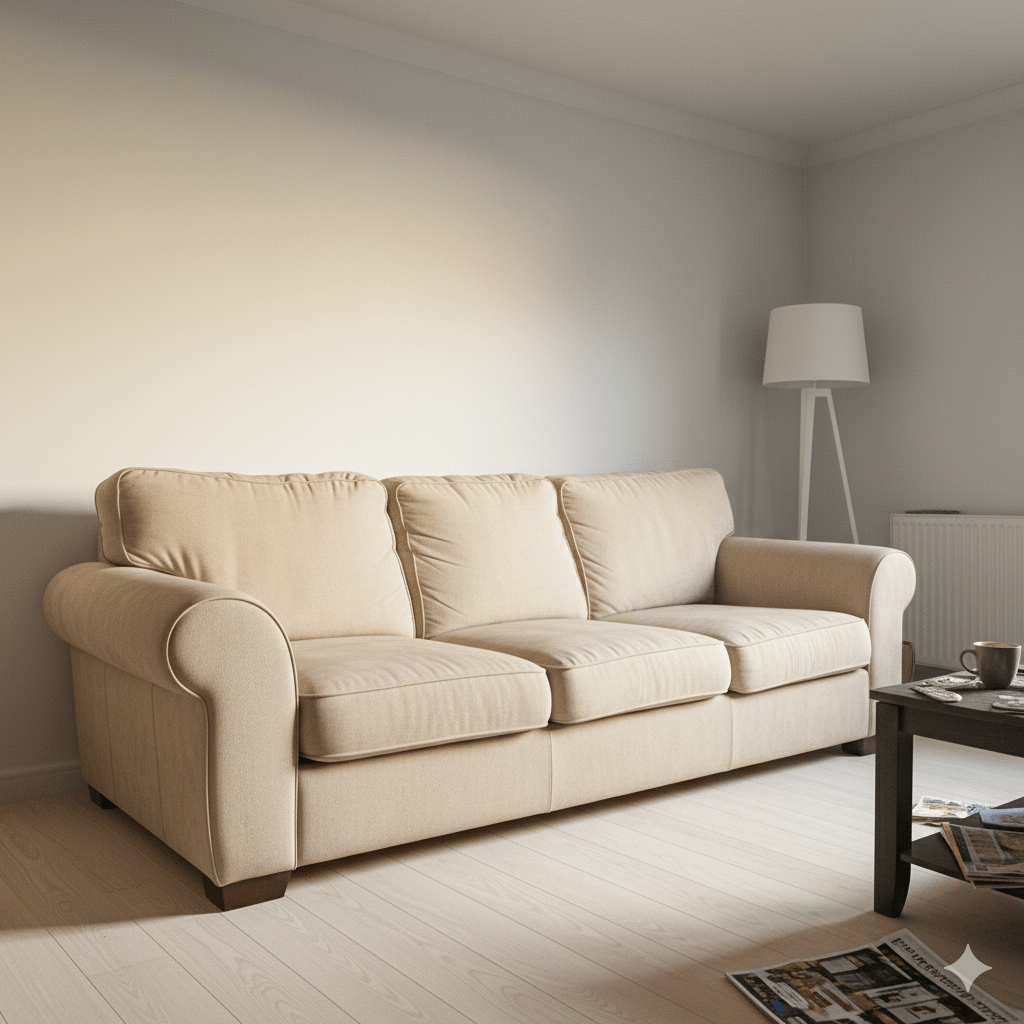 Cream-colored couch in a neutral room with a lamp and a coffee table with a magazine.