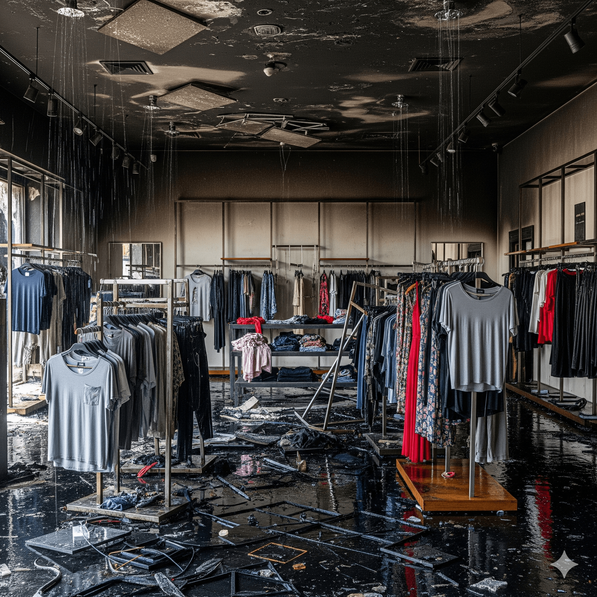 Charred clothing store interior after a fire; clothes hang on racks, debris on floor, black ceiling.