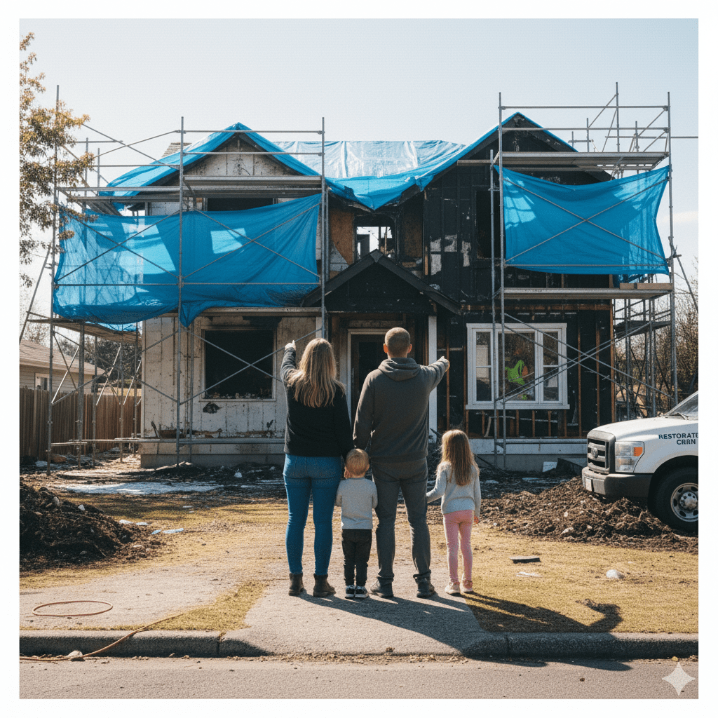 Family points at their partially burned house under construction, covered in blue tarps.