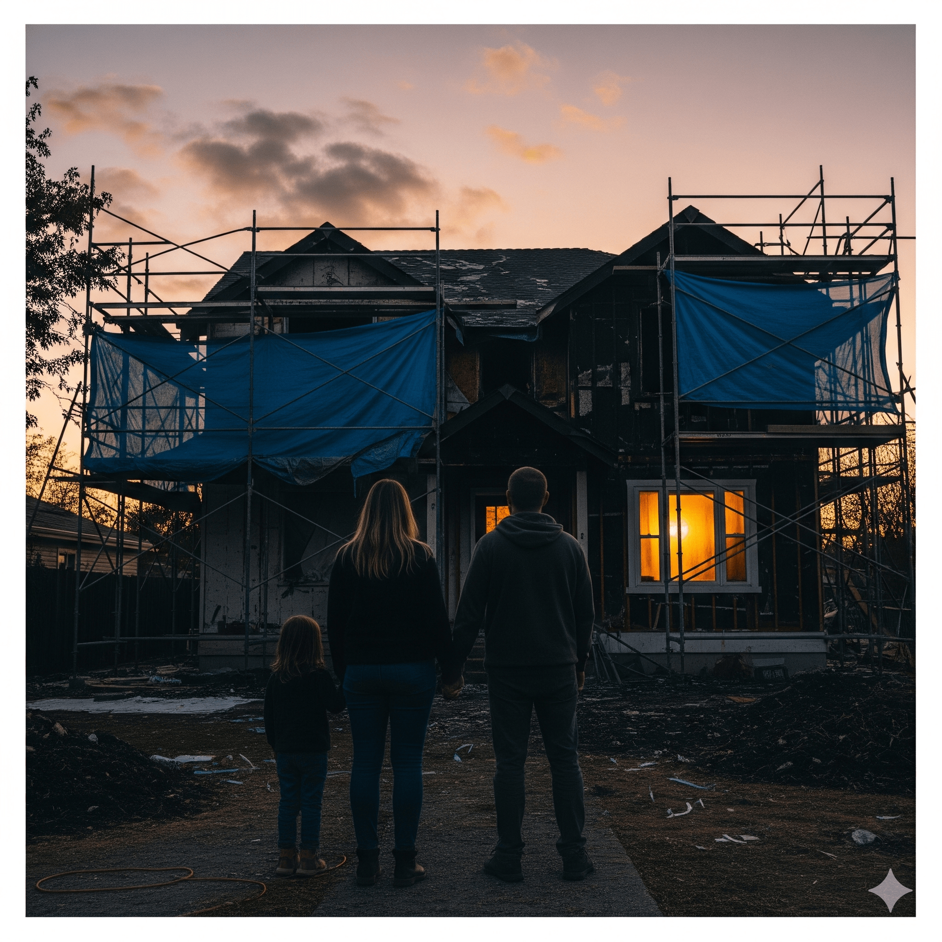 Family standing in front of a damaged house at sunset, scaffolding and blue tarps visible.