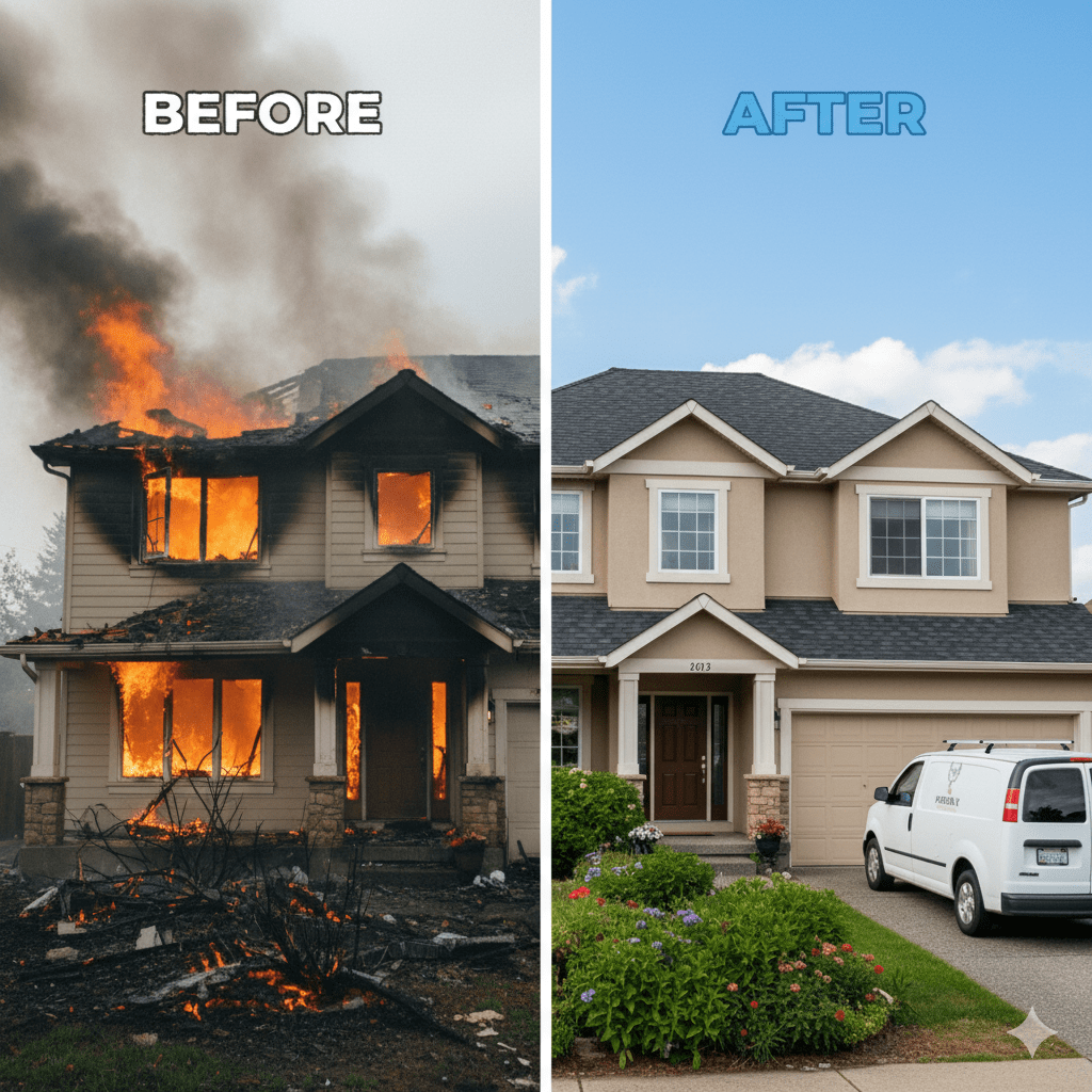 House fire before and after: Burning house transformed into a renovated, undamaged home with blue sky.