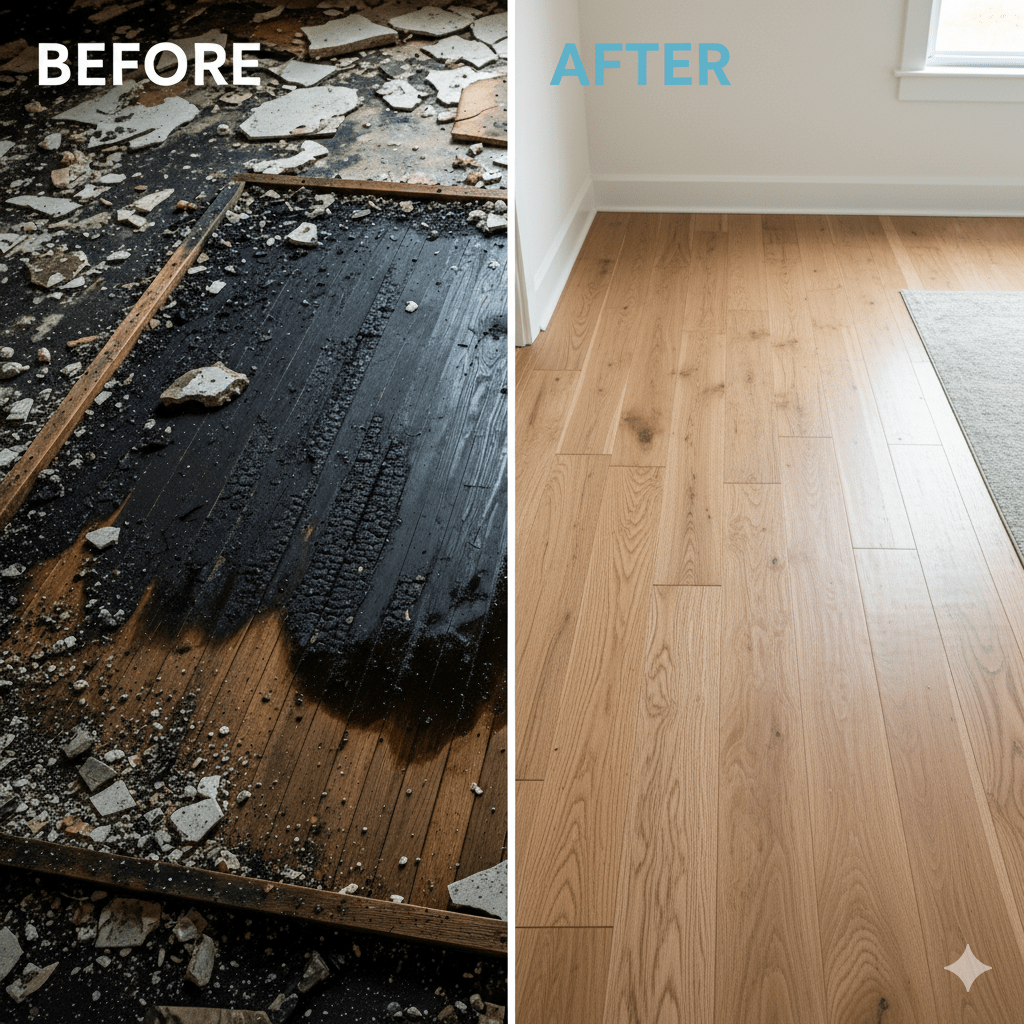 Before and after of a room's flooring: damaged wood floor replaced with new, light-colored wood.