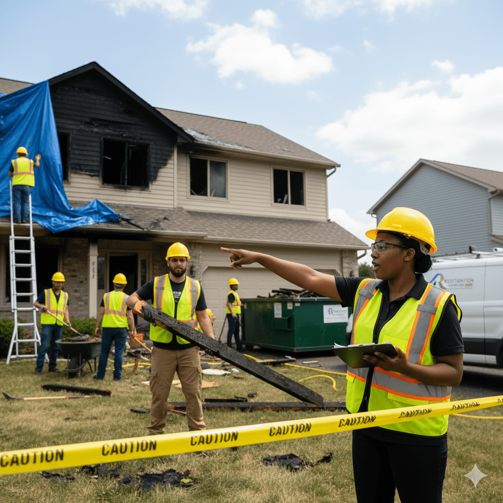 Construction workers inspecting a house damaged by fire. A woman points, others wearing vests, hard hats. Yellow caution tape.