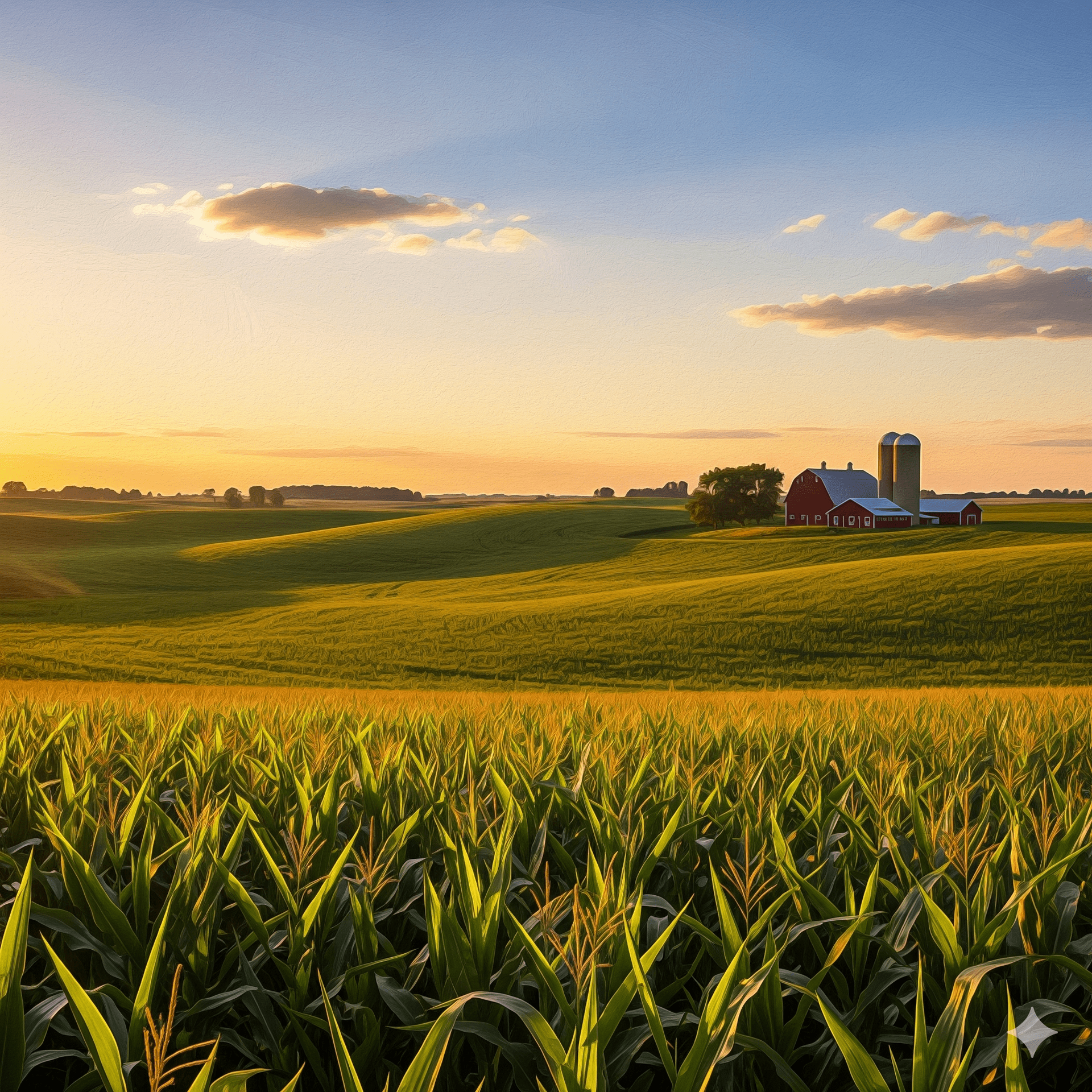 Flowing rows of corn with a farmhouse with silos in the background