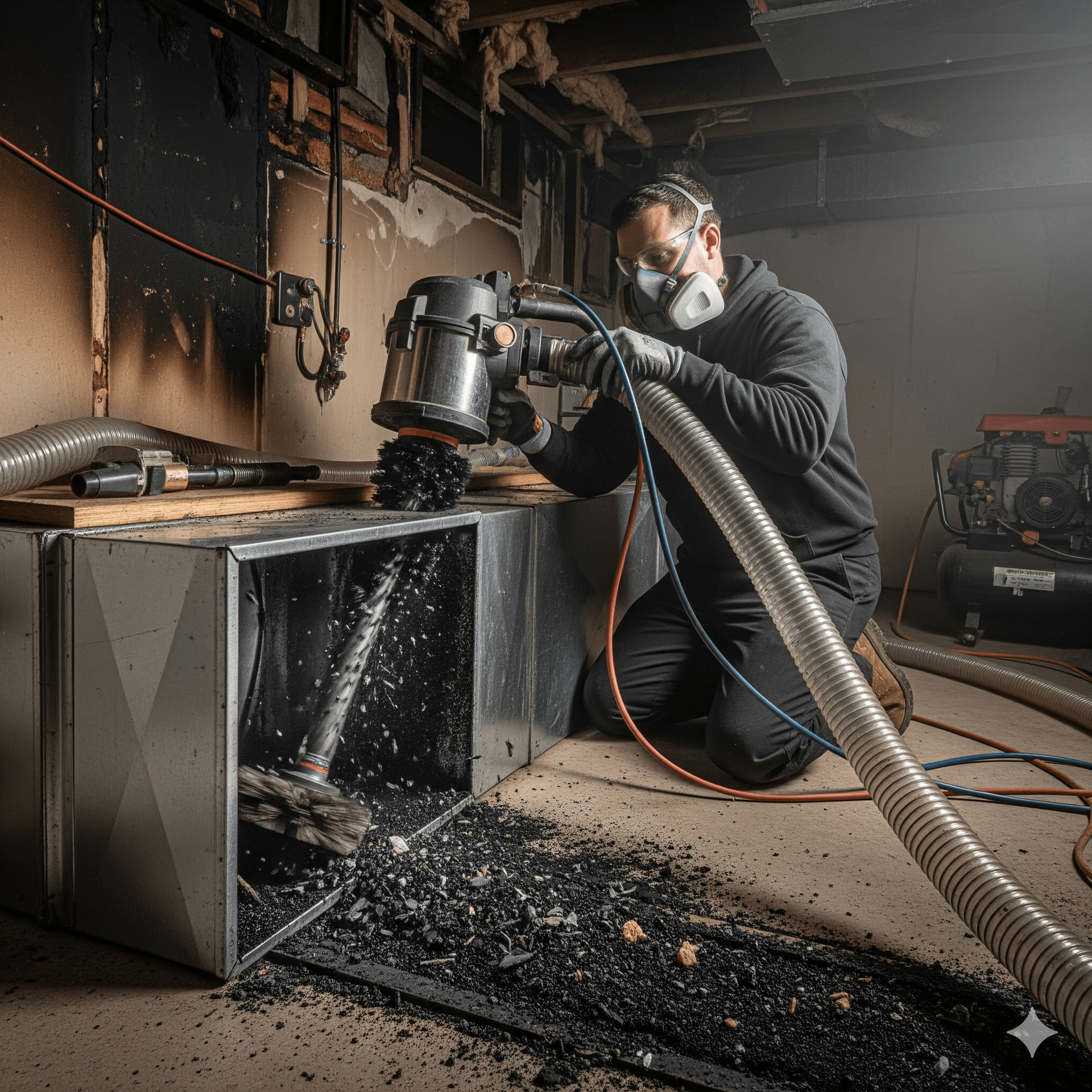 Man cleaning ductwork with a brush and vacuum, wearing protective gear in a soot-covered basement.