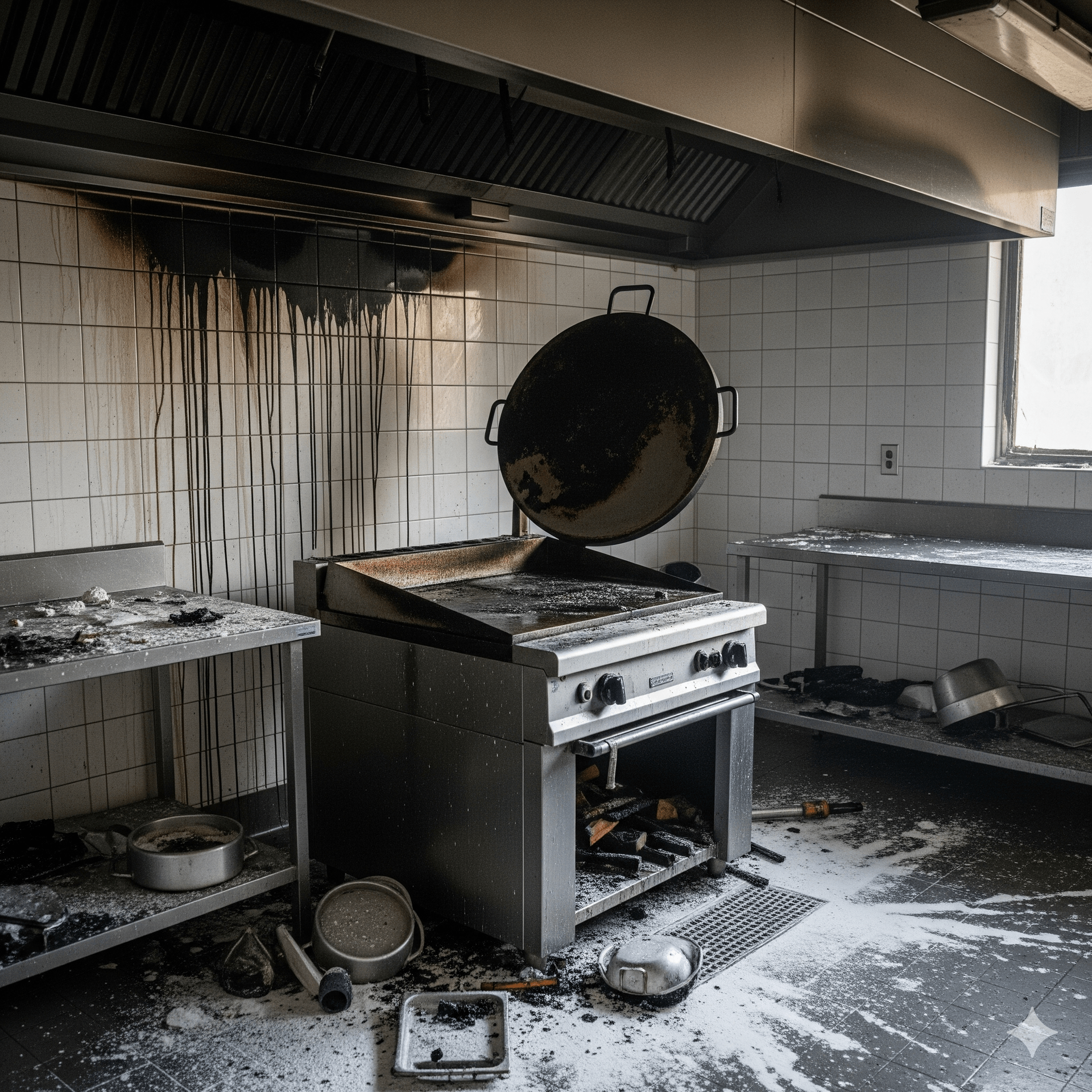 A commercial kitchen damaged by fire. Charred walls, overturned cookware, and soot-covered appliances.