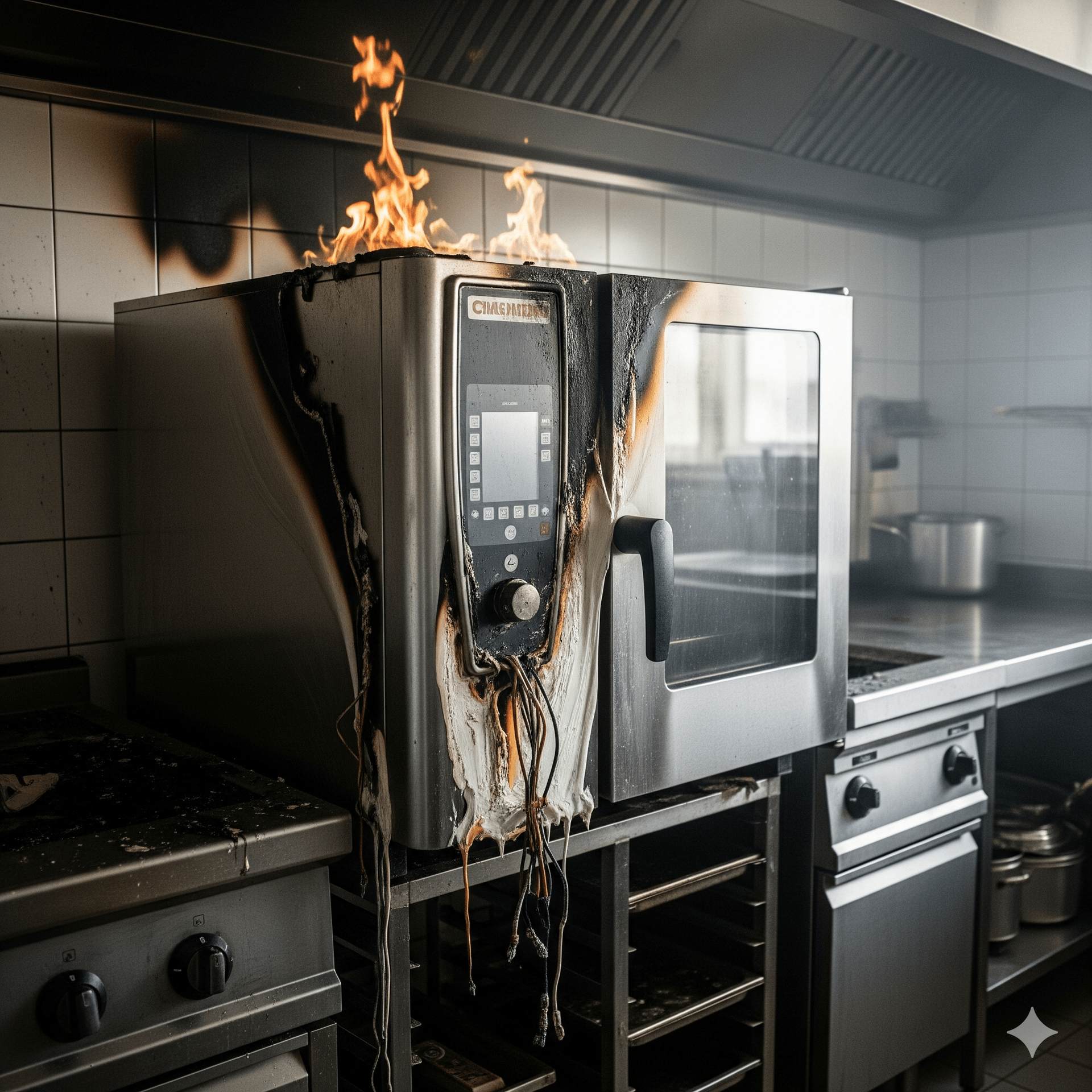 A commercial oven on fire, with flames and melted material, inside a kitchen.
