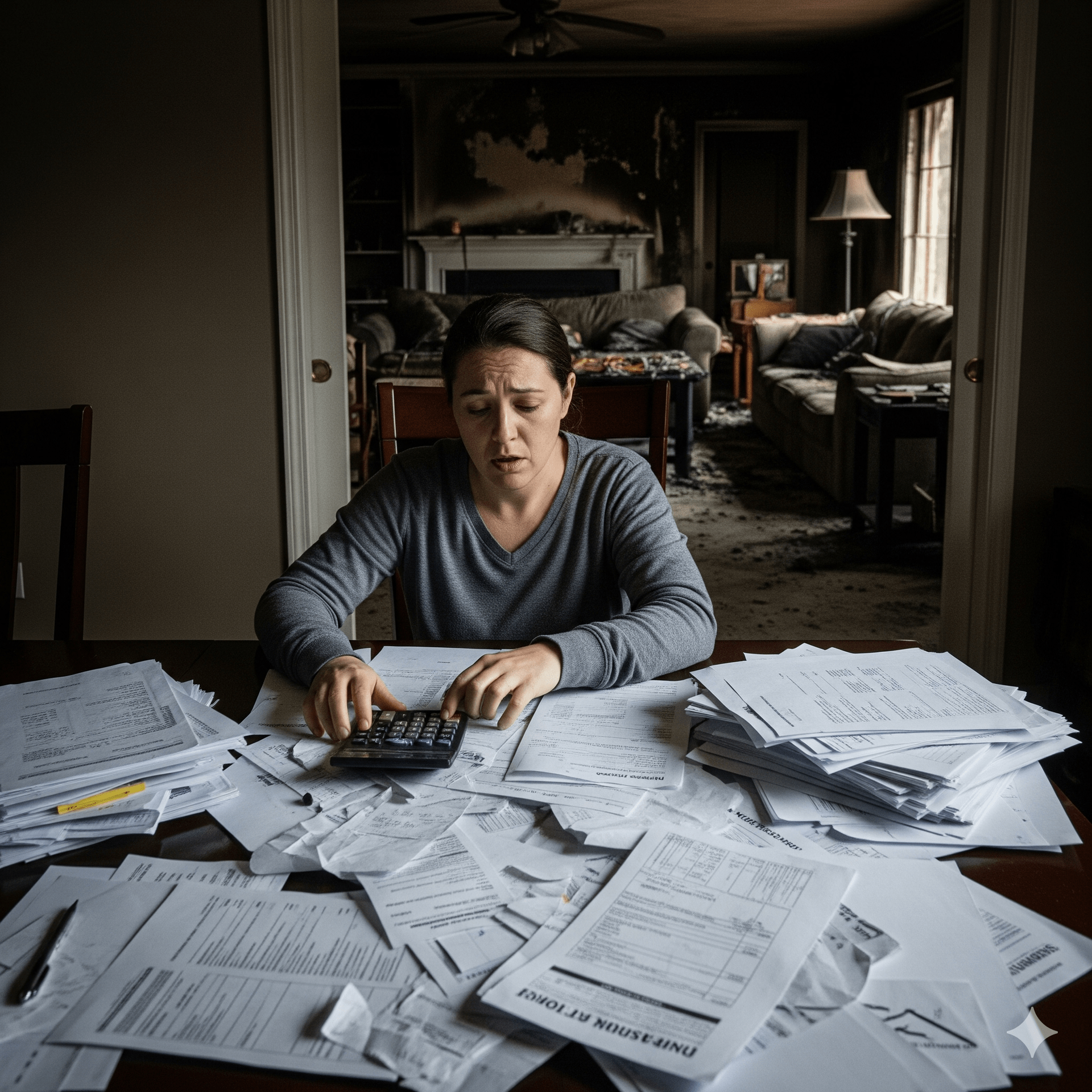 Woman distressed, calculating bills at a table. Home interior damaged by fire visible in the background.