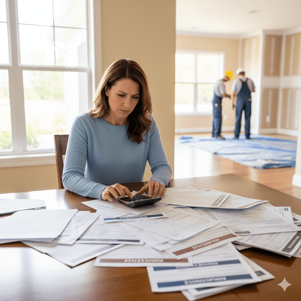 Woman calculating bills at a table, looking stressed, with construction workers in the background.