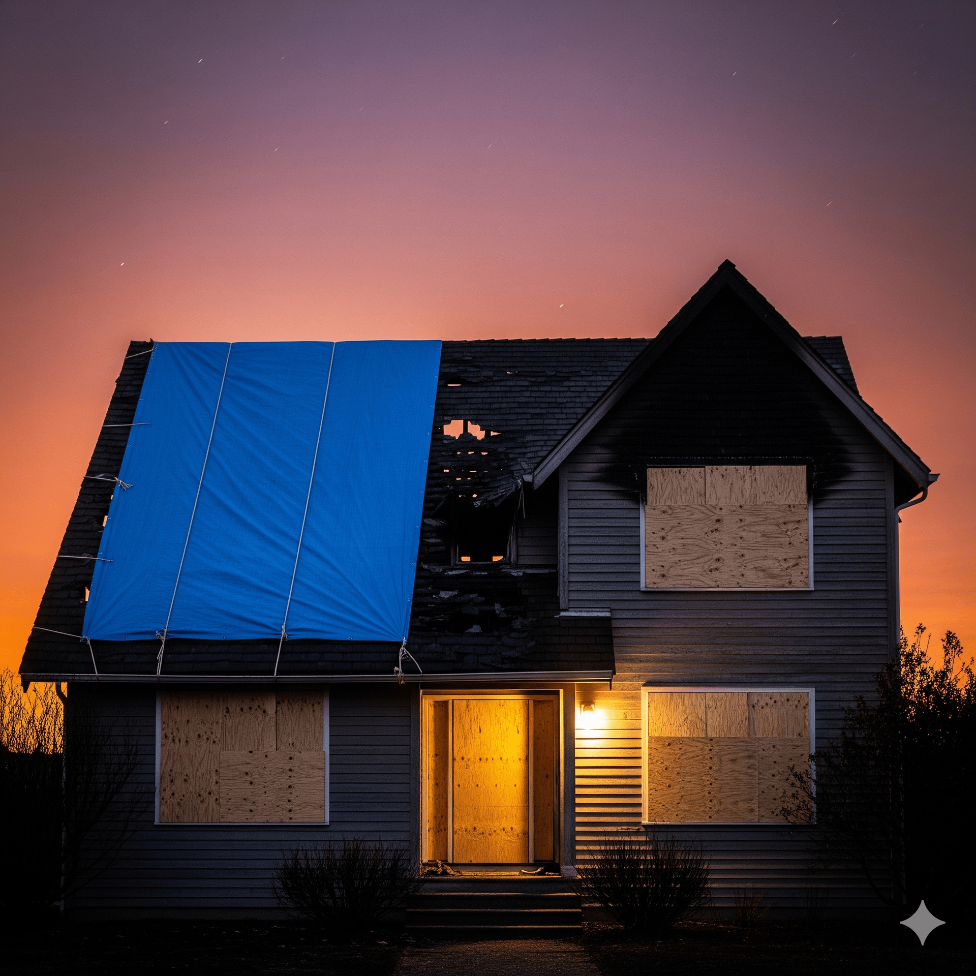 Two-story house with boarded-up windows and blue tarp covering roof damage at sunset.