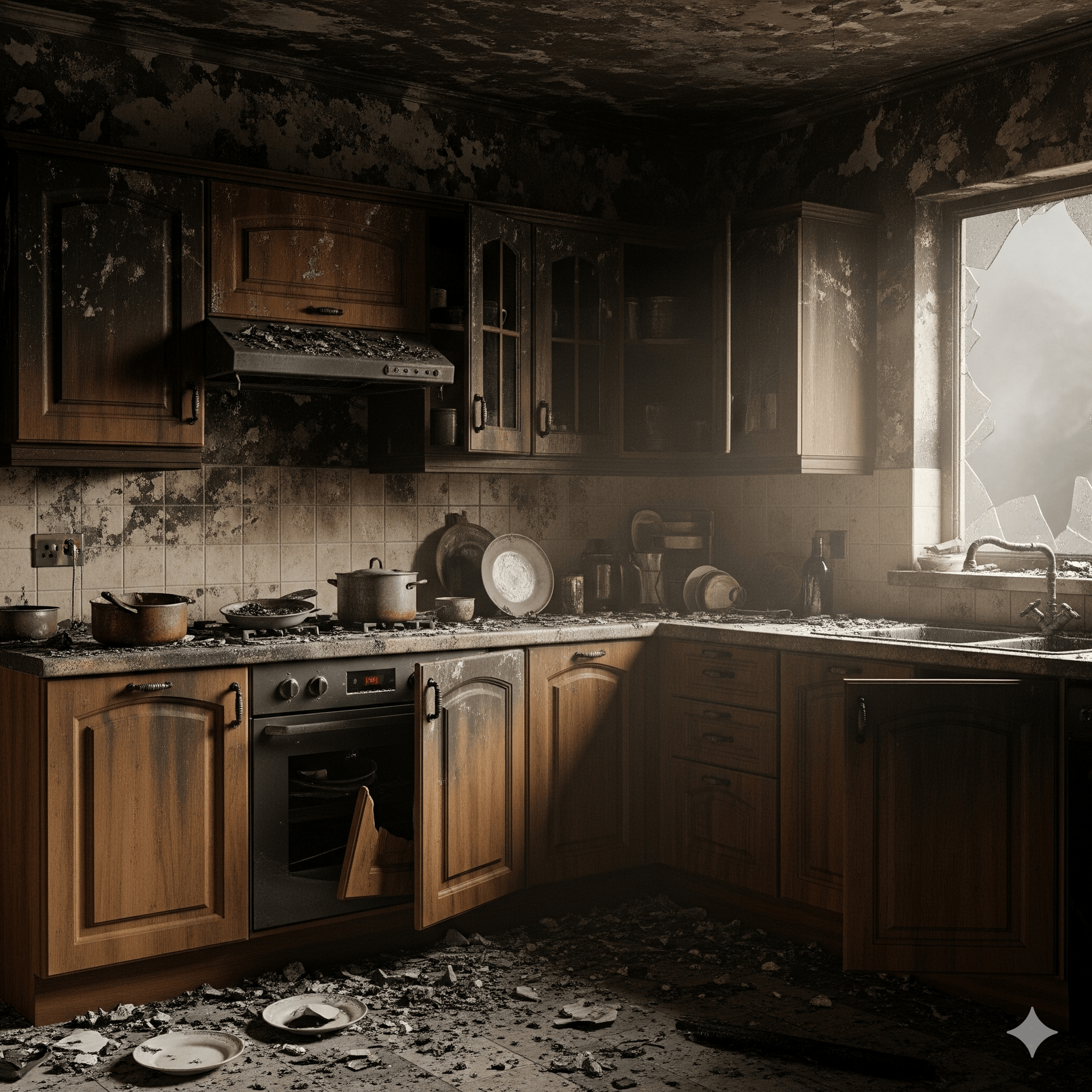 A burnt kitchen with charred cabinets, stove, and broken window; debris covers the floor.
