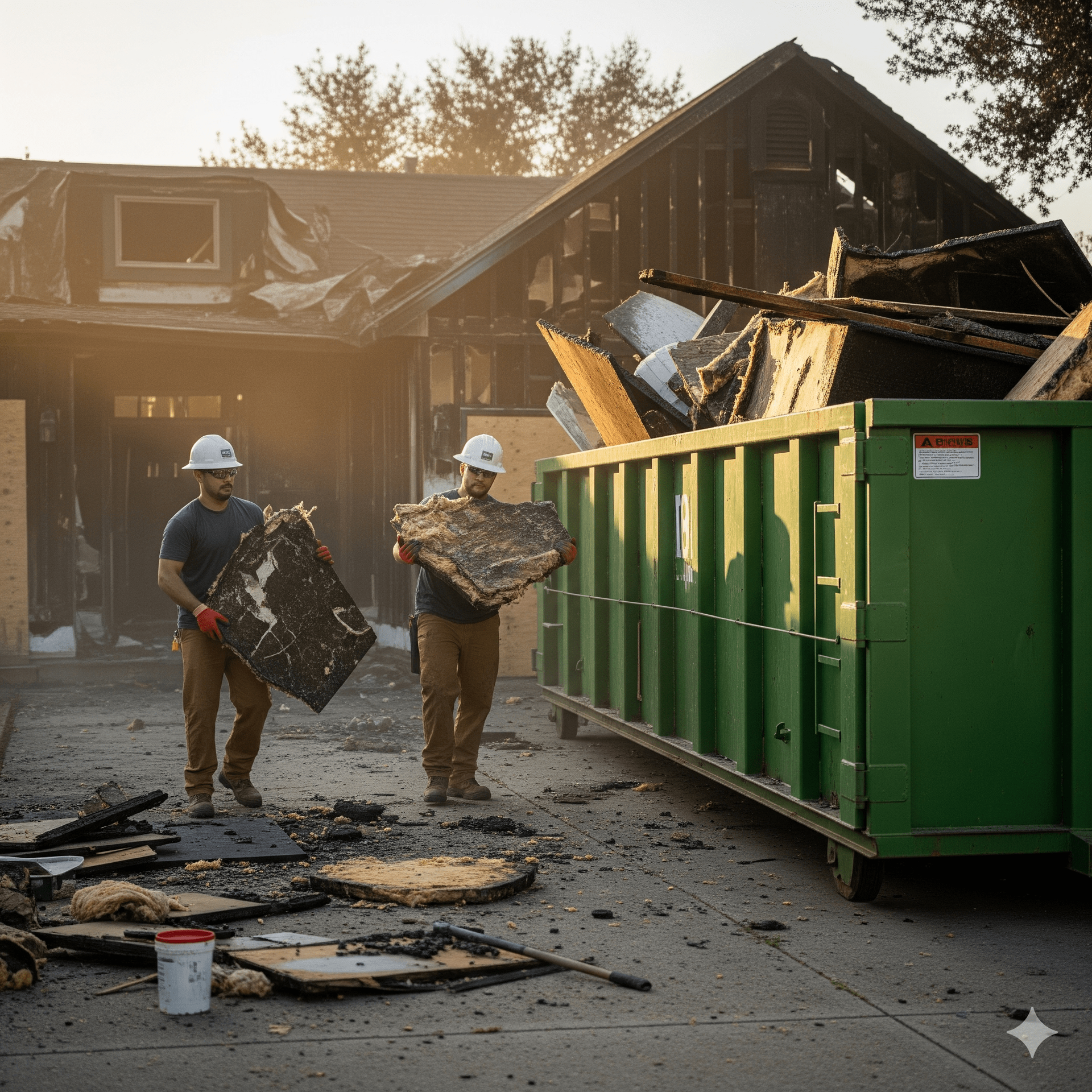 Two construction workers removing debris from a burned house, placing it in a green dumpster.