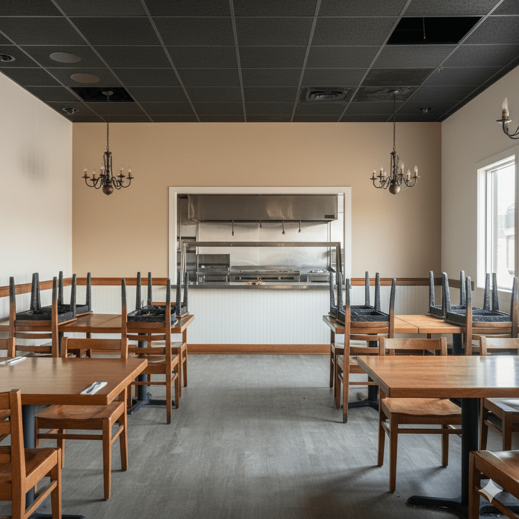 Empty restored restaurant interior with tables and chairs; kitchen visible in the back, chandeliers hanging from the ceiling.