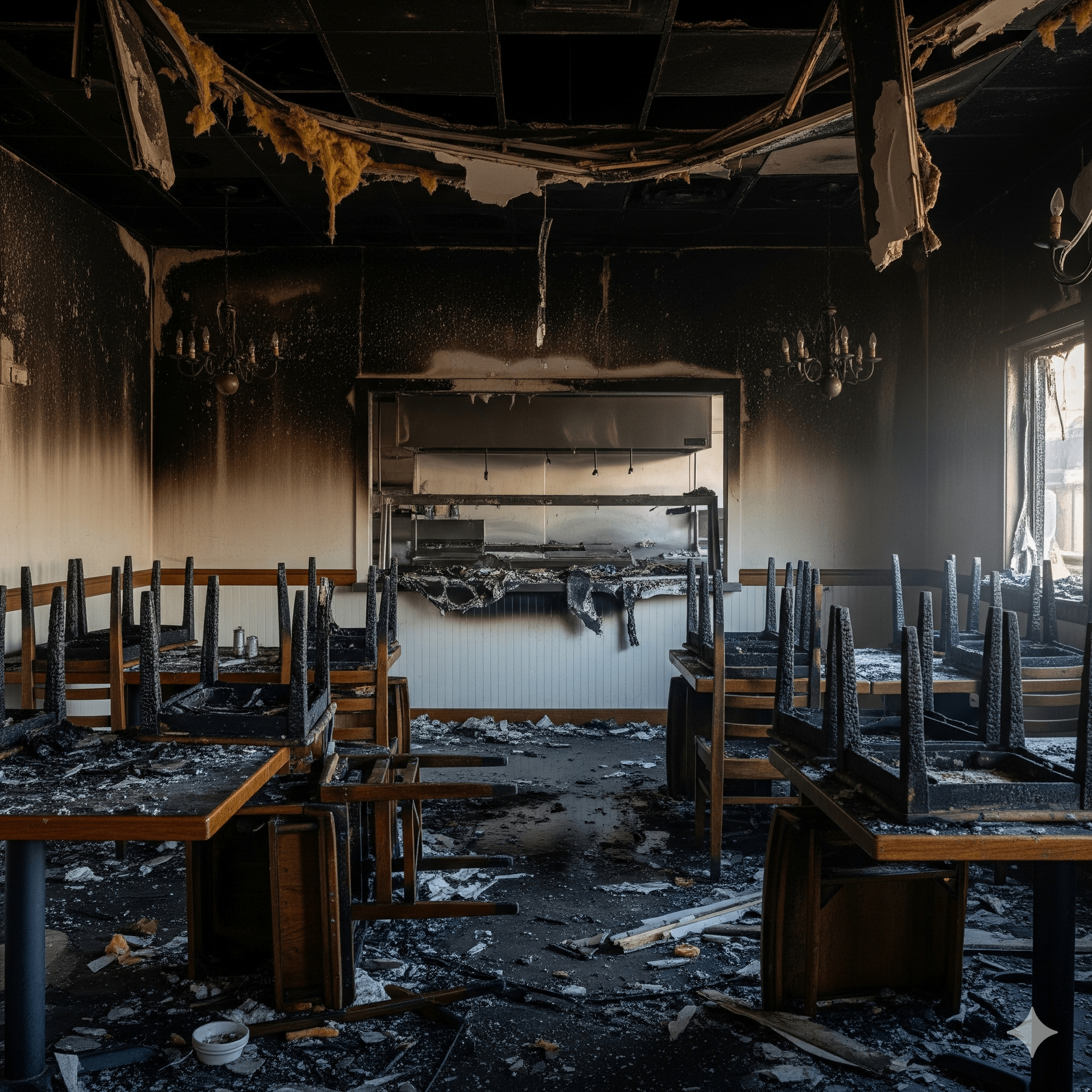 Burnt interior of a restaurant. Charred tables, chairs, walls, and kitchen area. Dark colors with bright light.