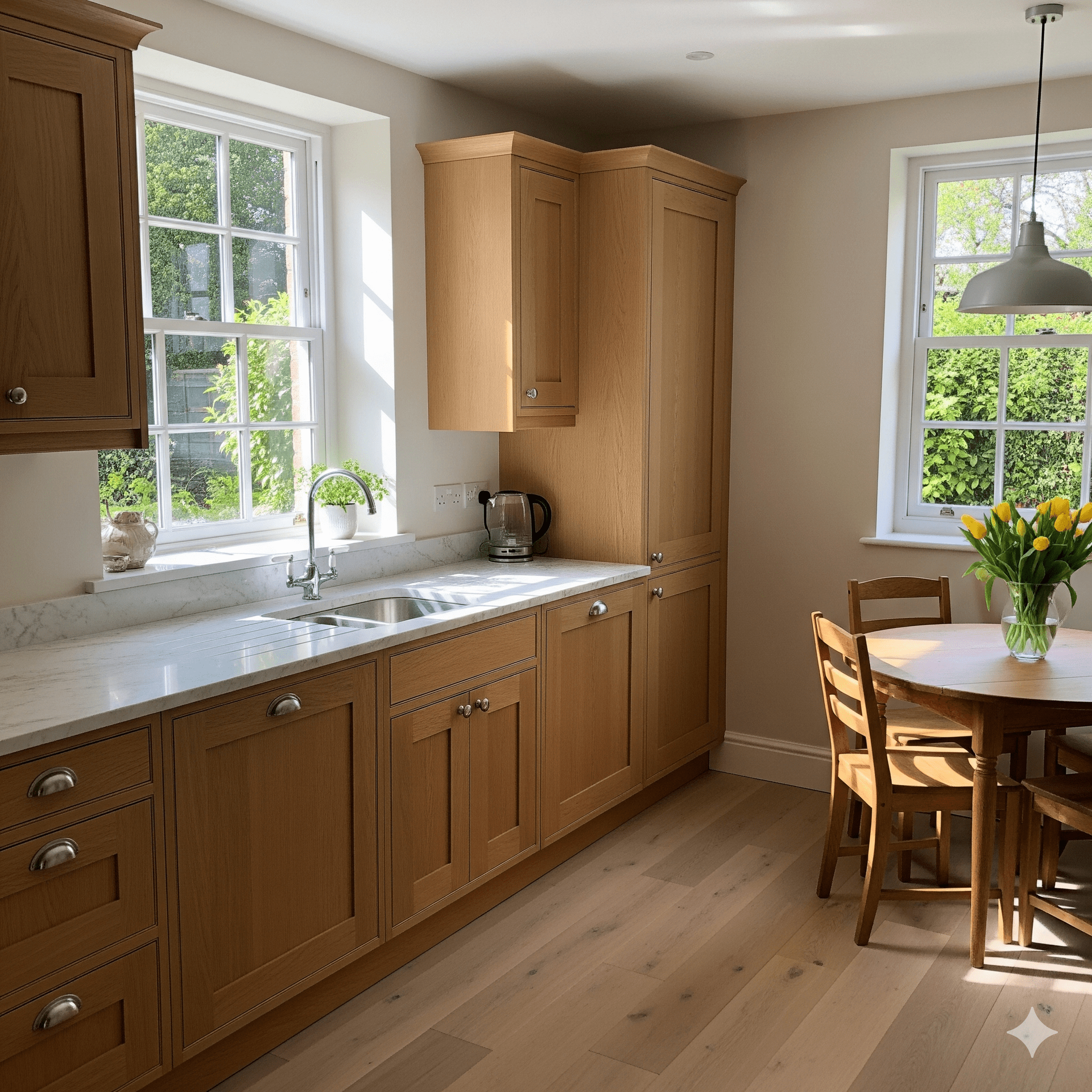 Wooden kitchen restored with windows, cabinets, countertop, and dining table. Sunlight streams in.