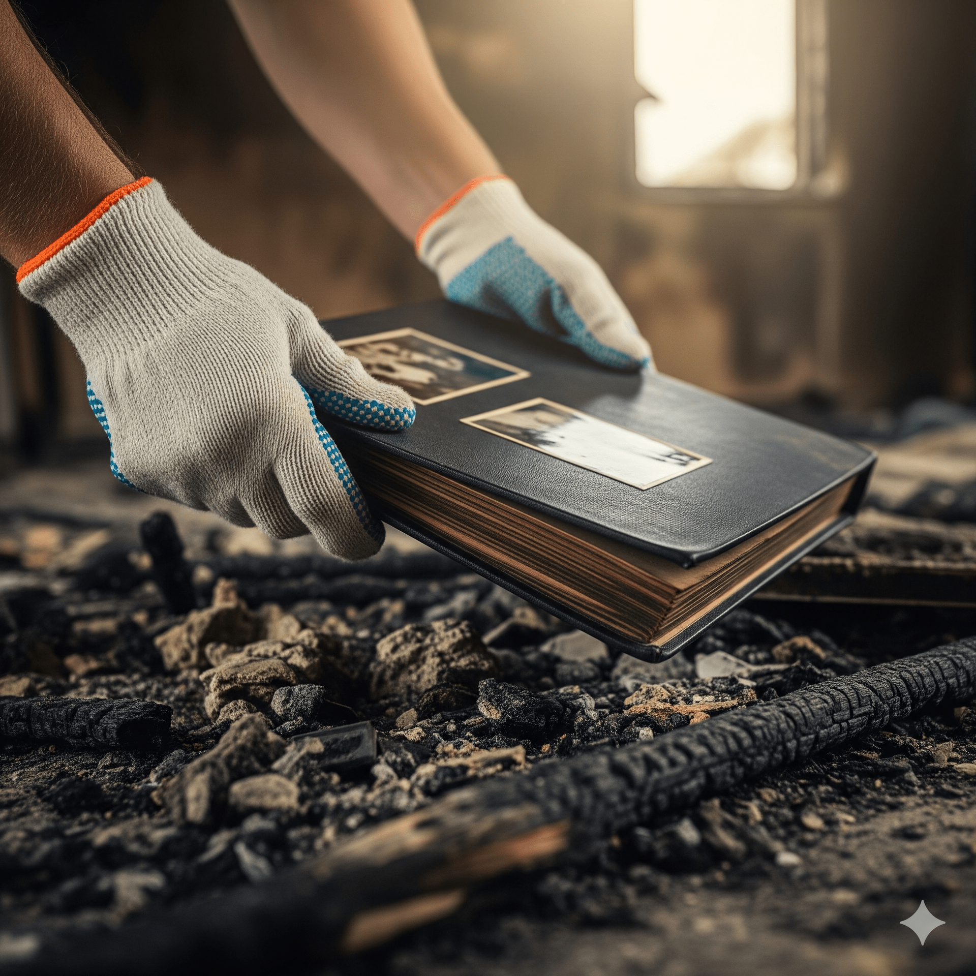 Hands in gloves holding a photo album amidst fire debris.
