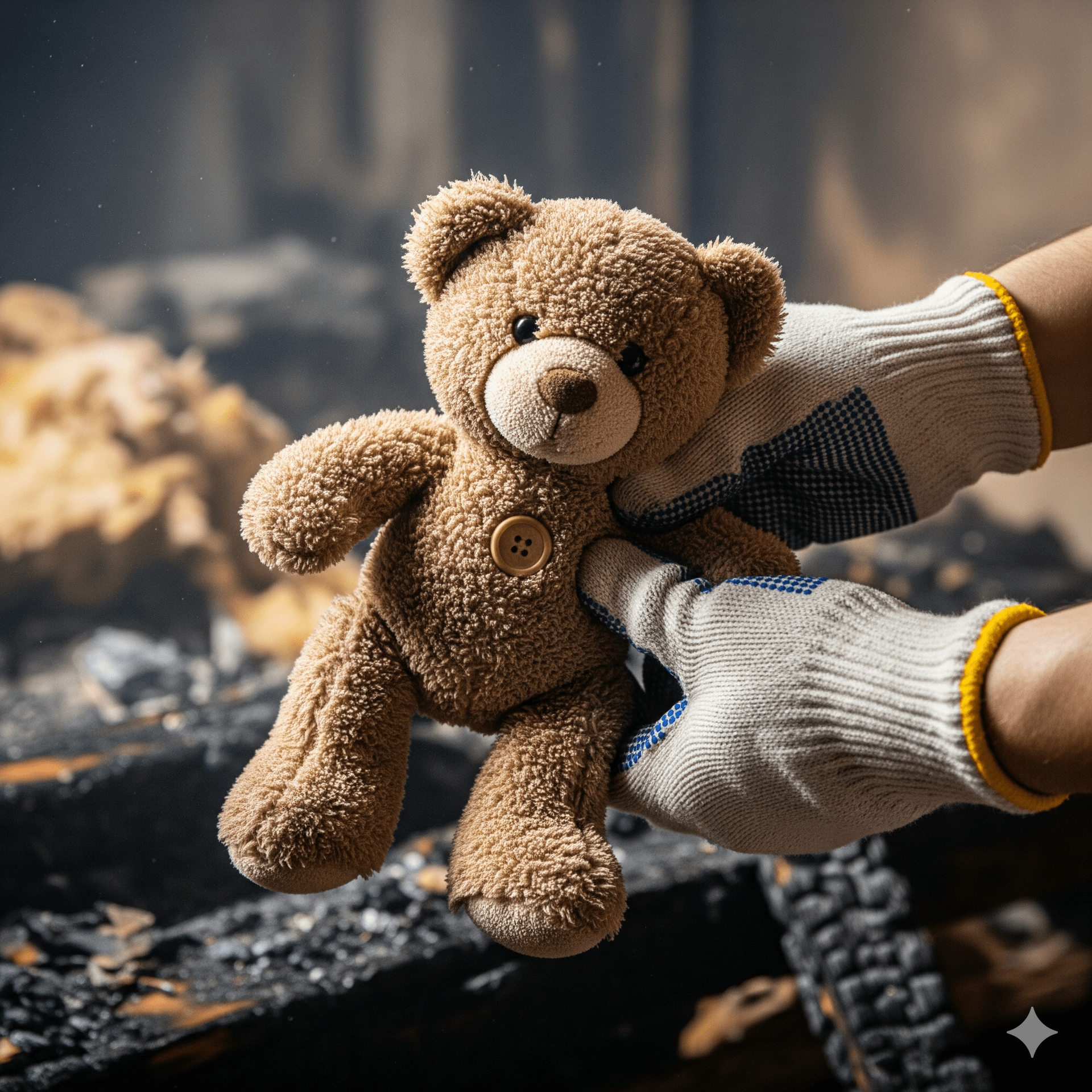 Hands in work gloves holding a brown teddy bear amidst a burned, smoky environment.