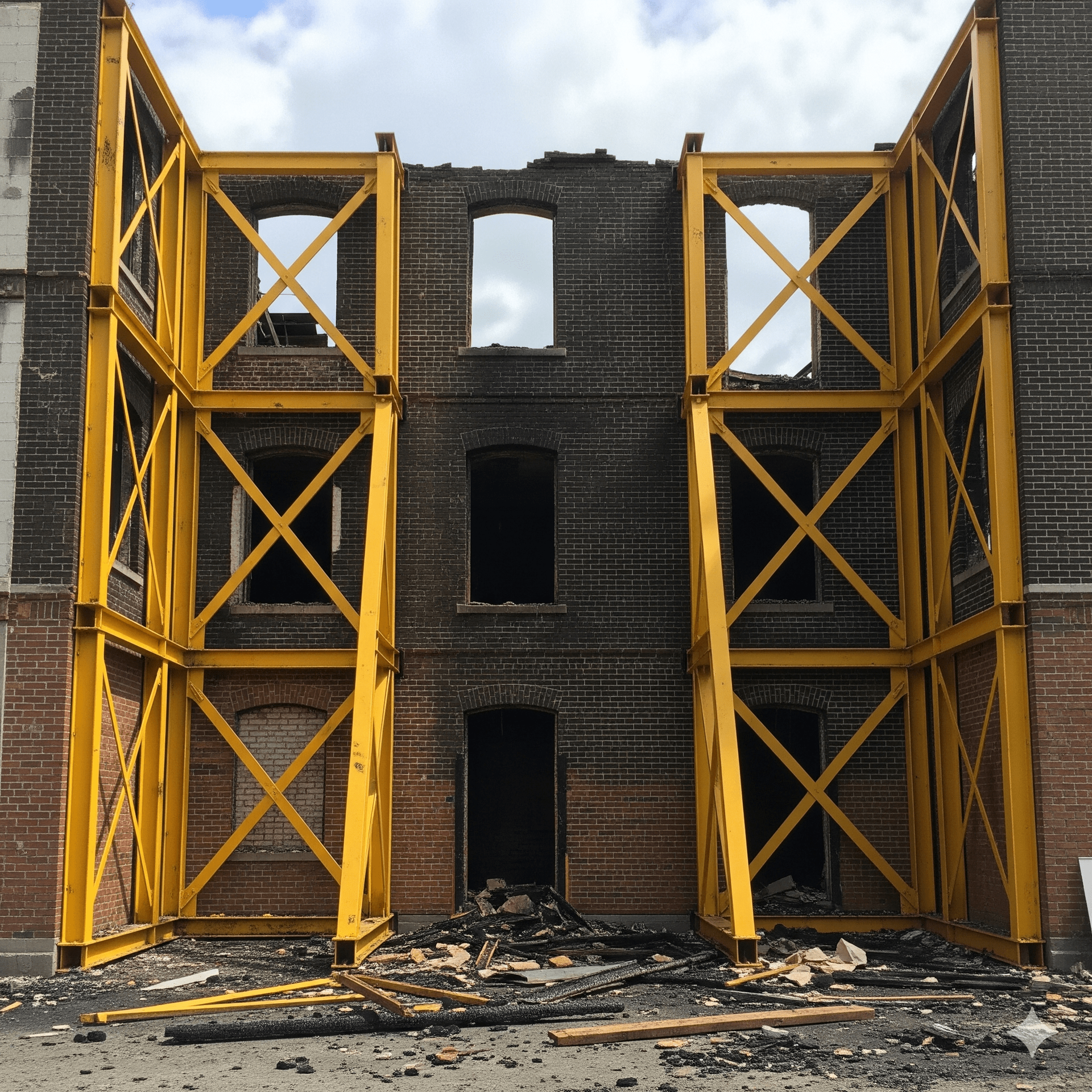 A burnt brick building with yellow scaffolding. Dark interior, open window/door frames. Debris on the ground.