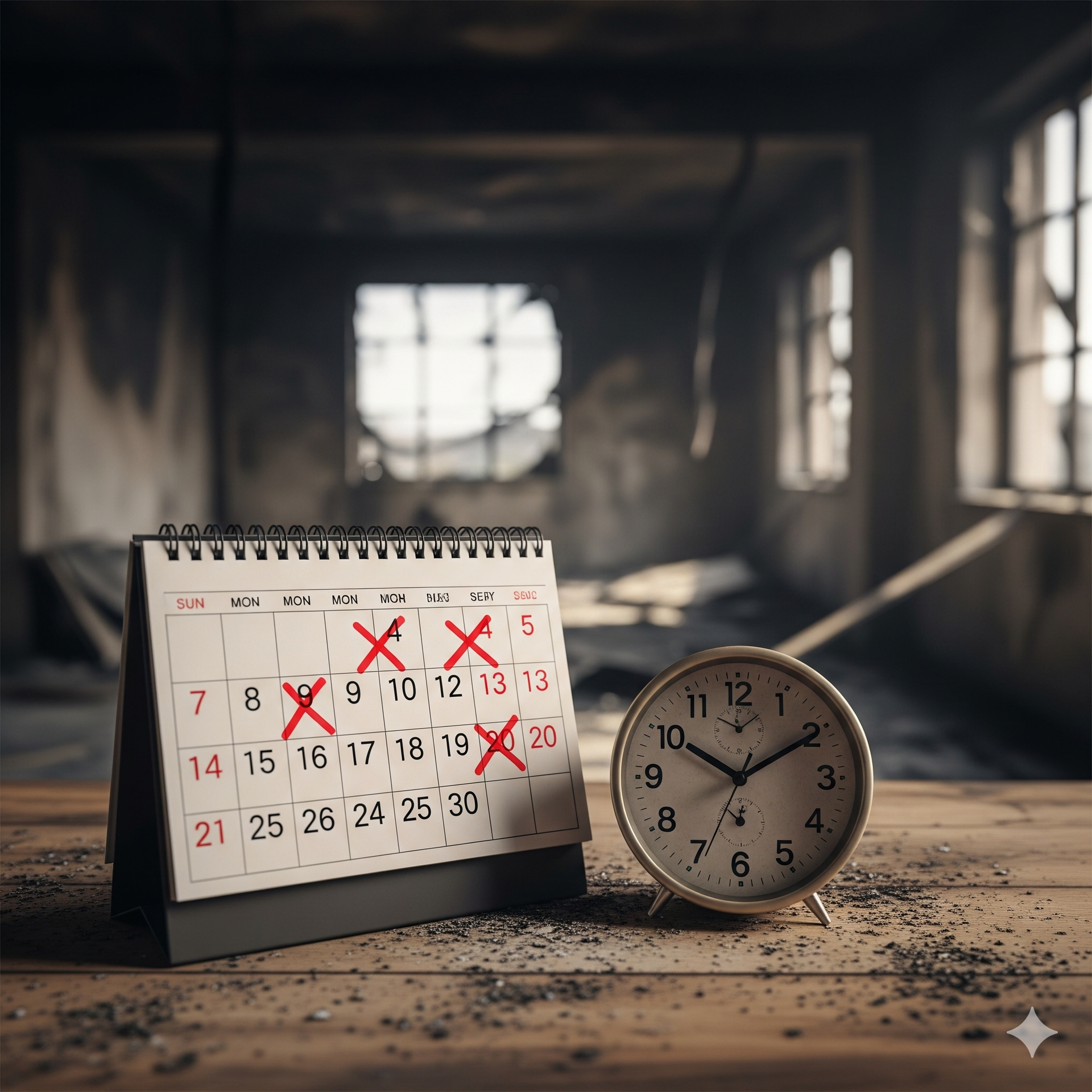 Calendar with marked days and clock on a dusty table in a ruined room.