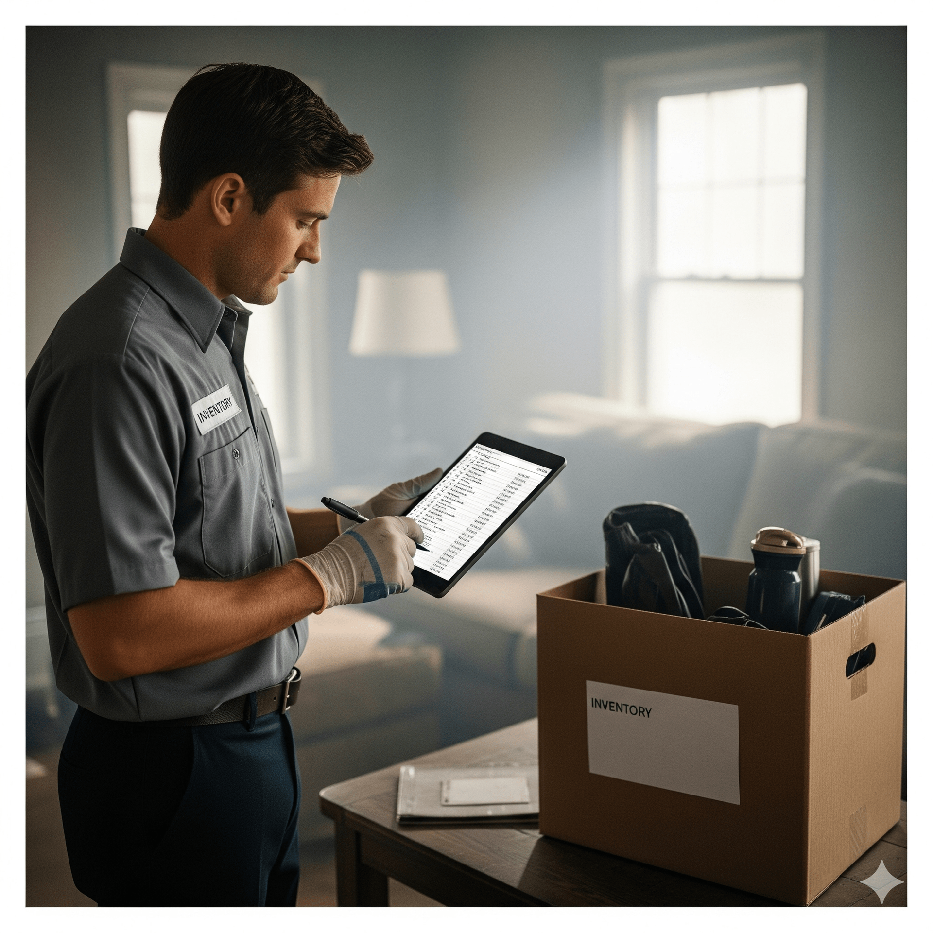 A technician in uniform reviews a tablet next to a box, in a living room setting.