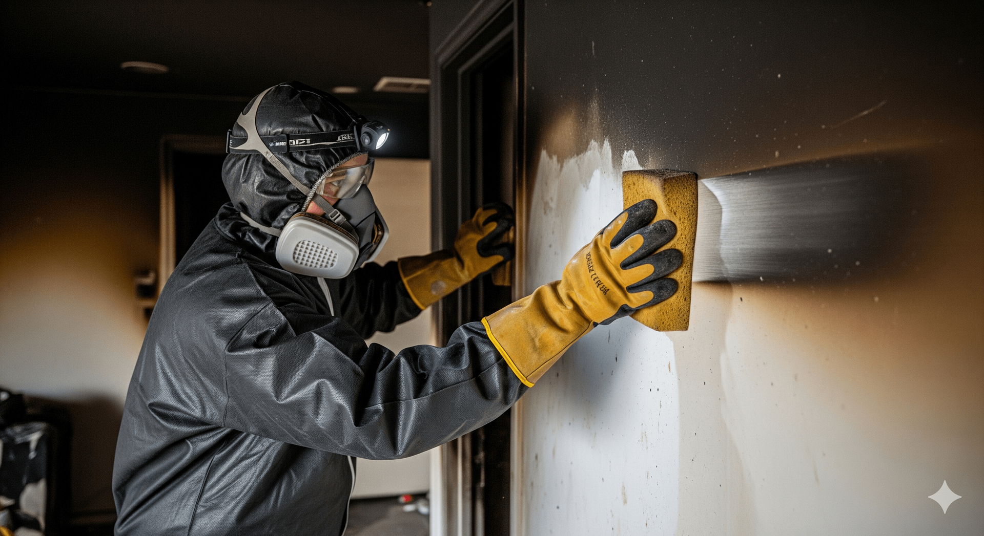 Person in protective gear cleaning smoke damage on a wall with a sponge.