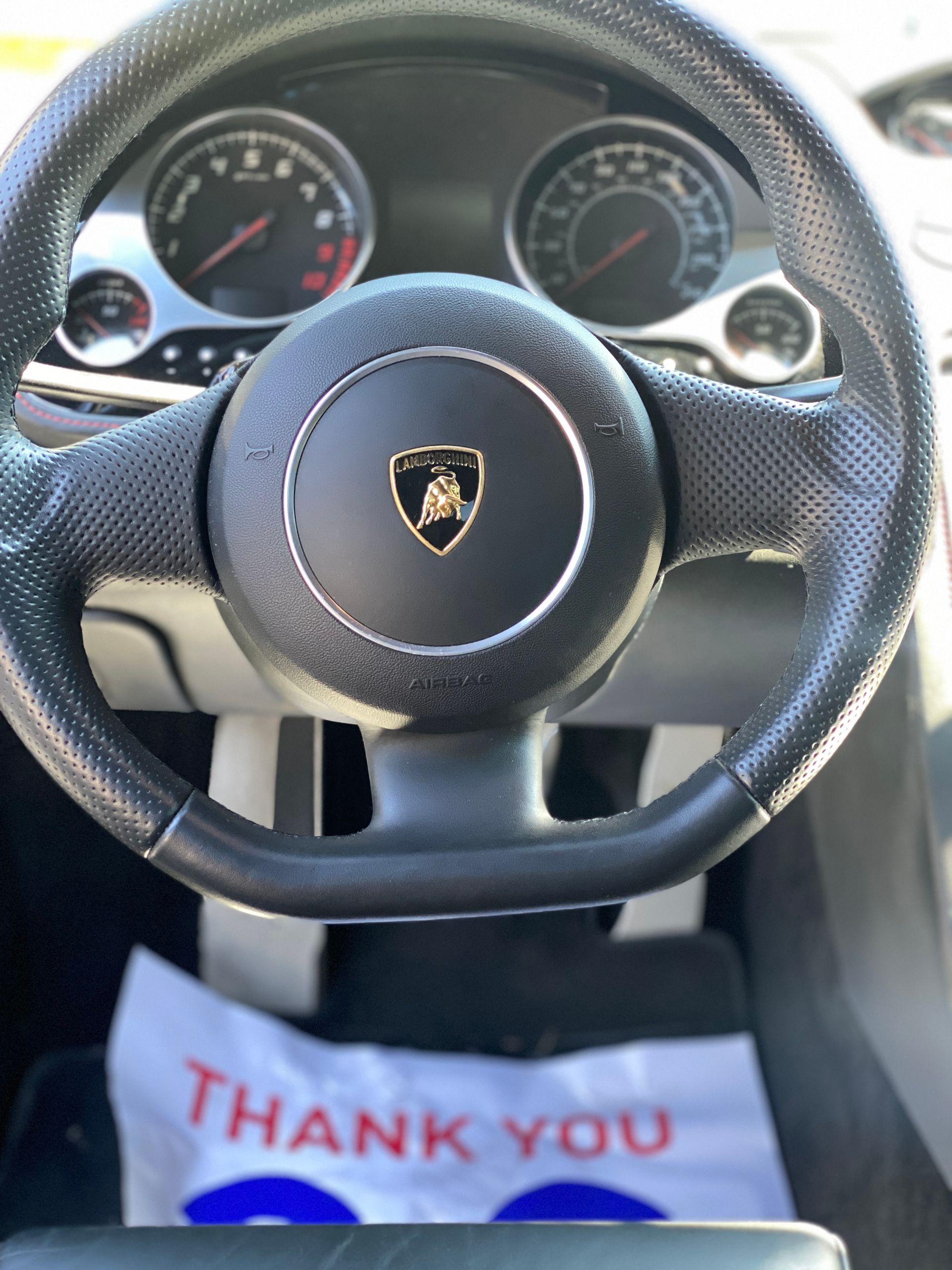 Lamborghini steering wheel with the logo, gauges, and a 