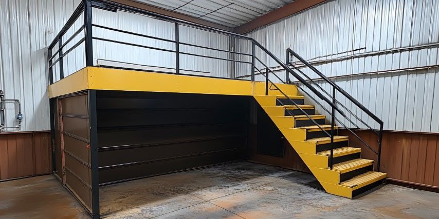 Yellow-black metal staircase in an industrial loft setting
