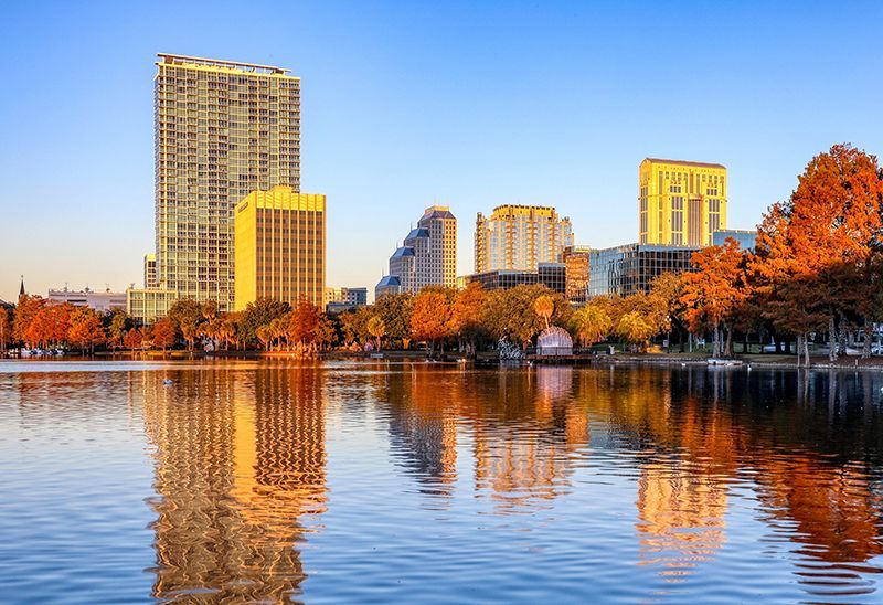 photo of condos with balconies along Lake Eola, Florida