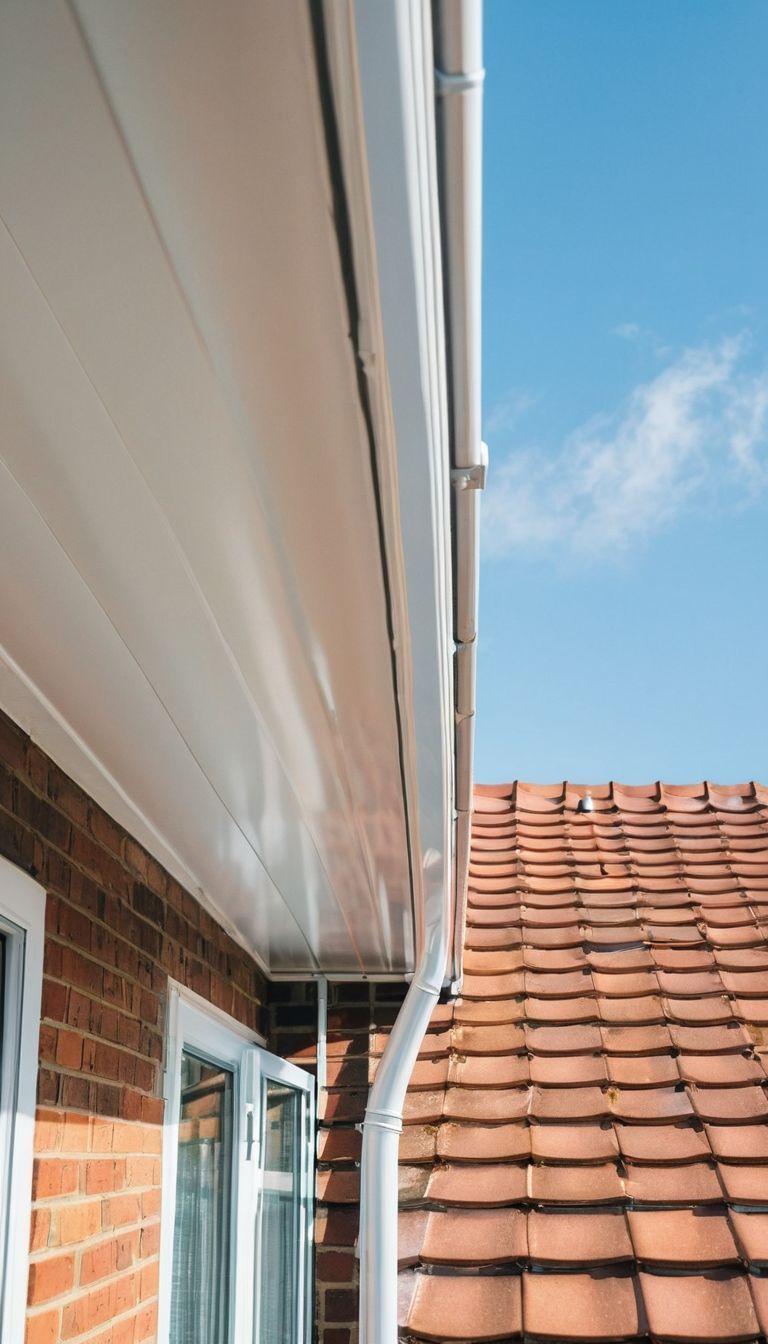 A close up of a gutter on a brick building with a tiled roof.