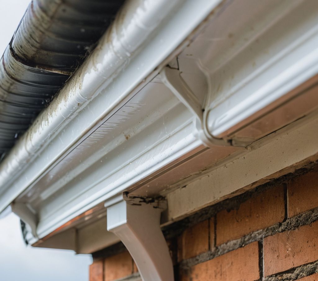 A close up of a white gutter on a brick building.