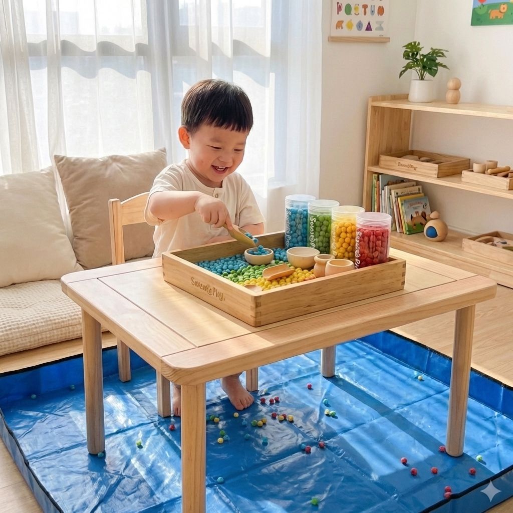 Toddler pouring sensory beads into jars for fine motor skill development and play