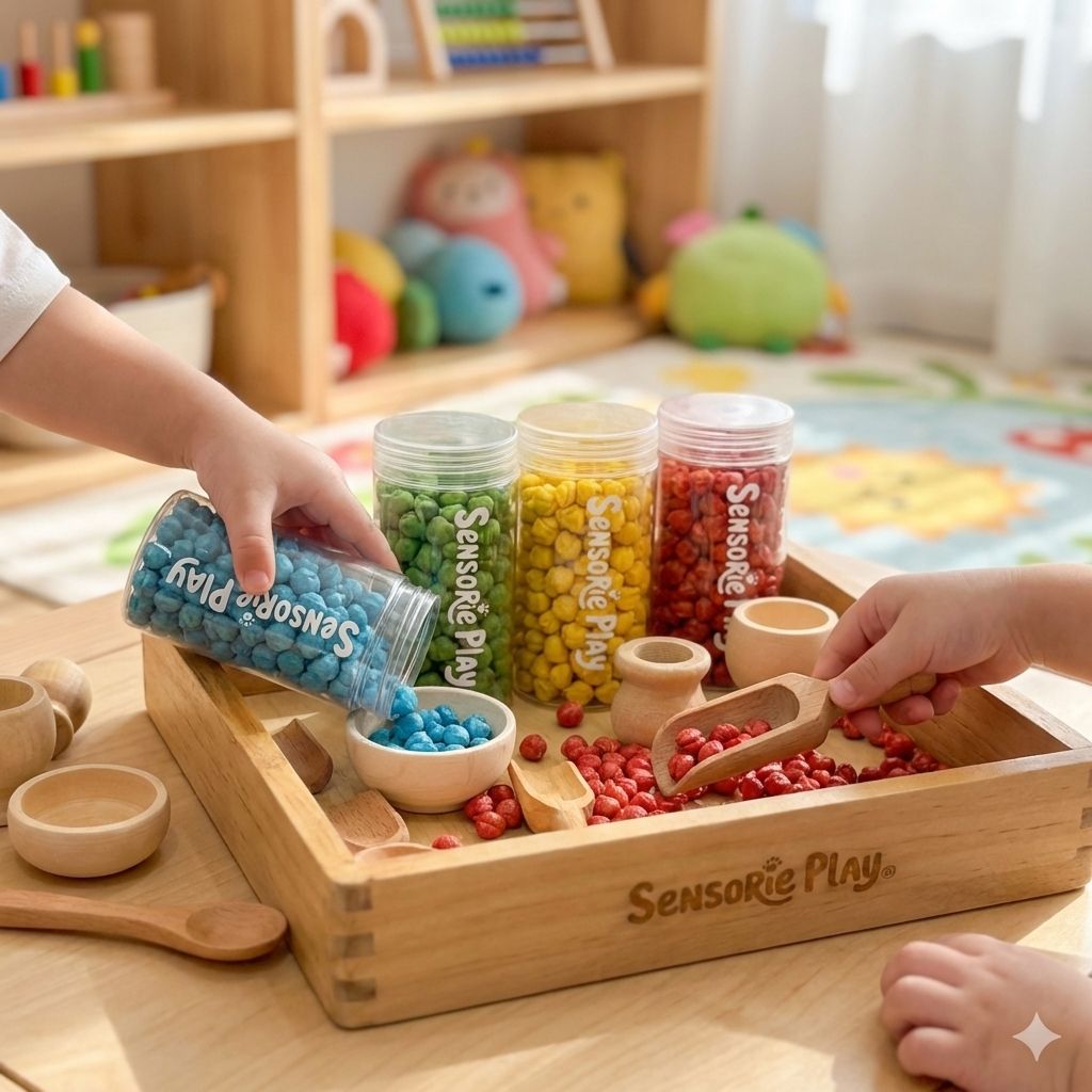 Sensory beads set for kids color sorting and fine motor play with wooden tray