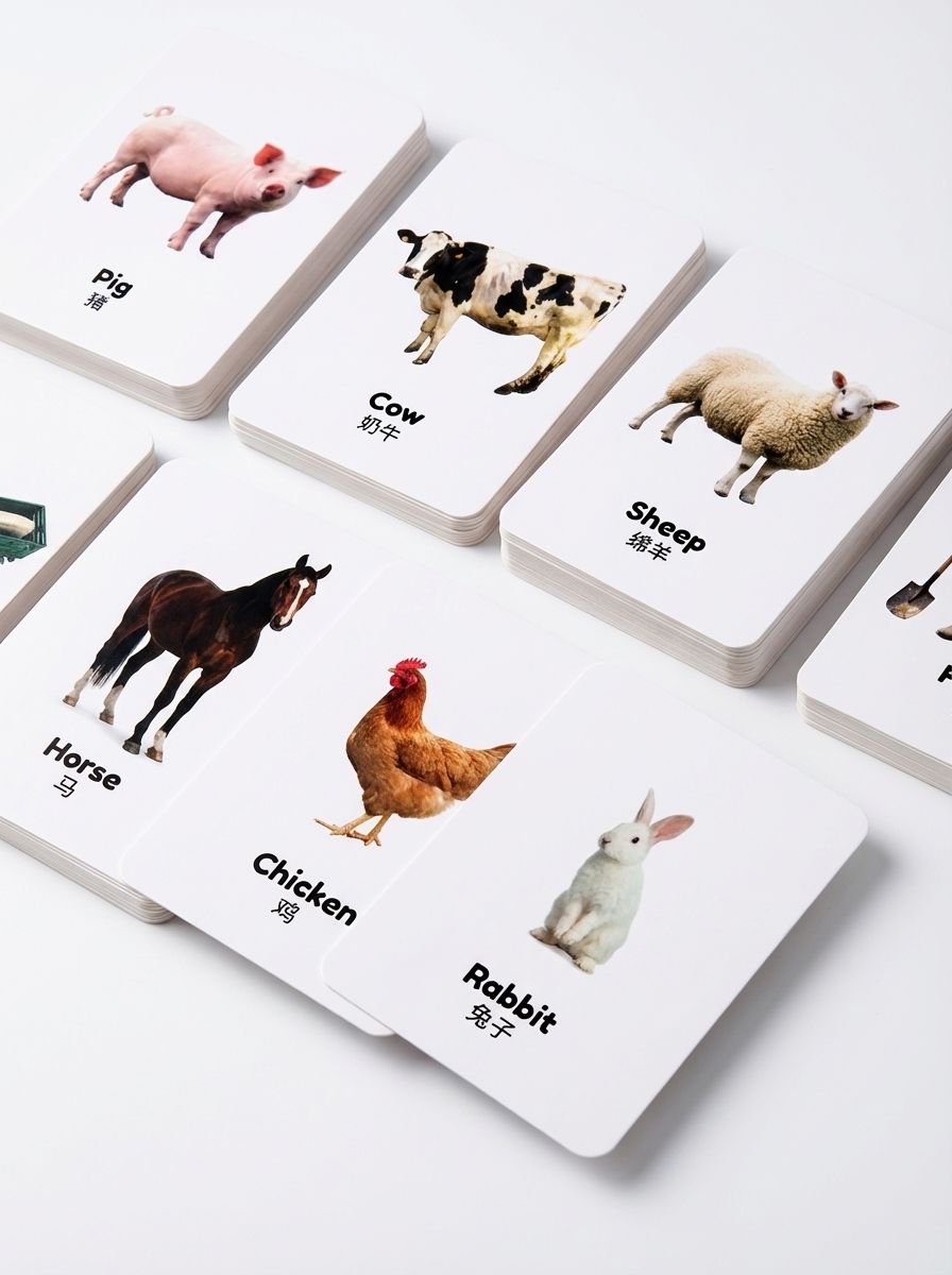 Toddler matching animal figurines with farm flashcards for learning through play