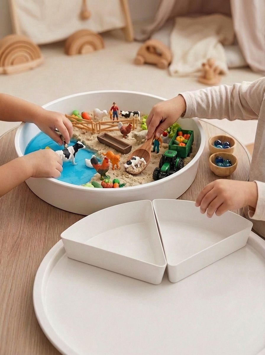 Kids playing farm sensory tray with animals, water and sand for imaginative learning