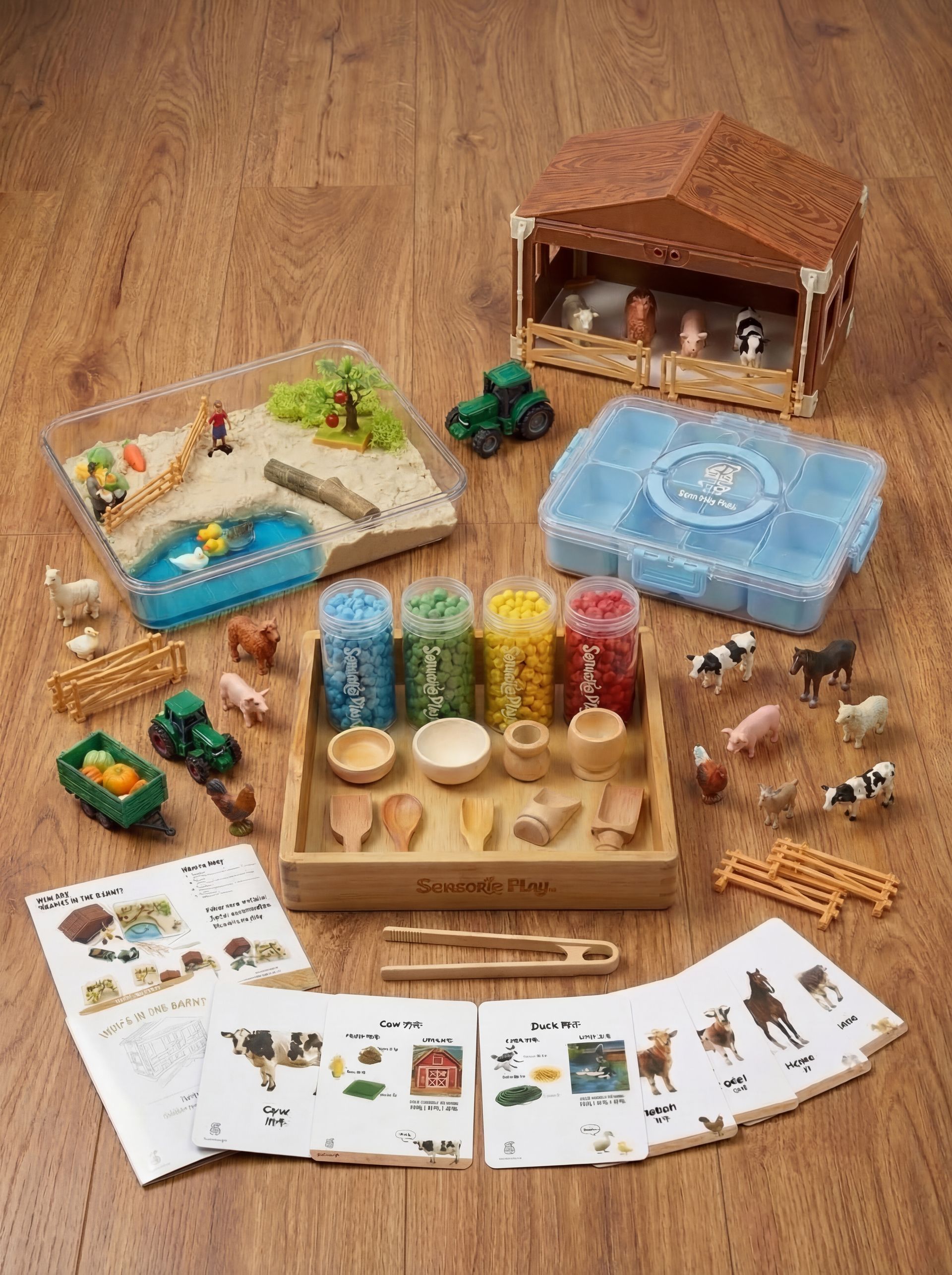 All in one sensory play kit with tray materials tools and farm theme