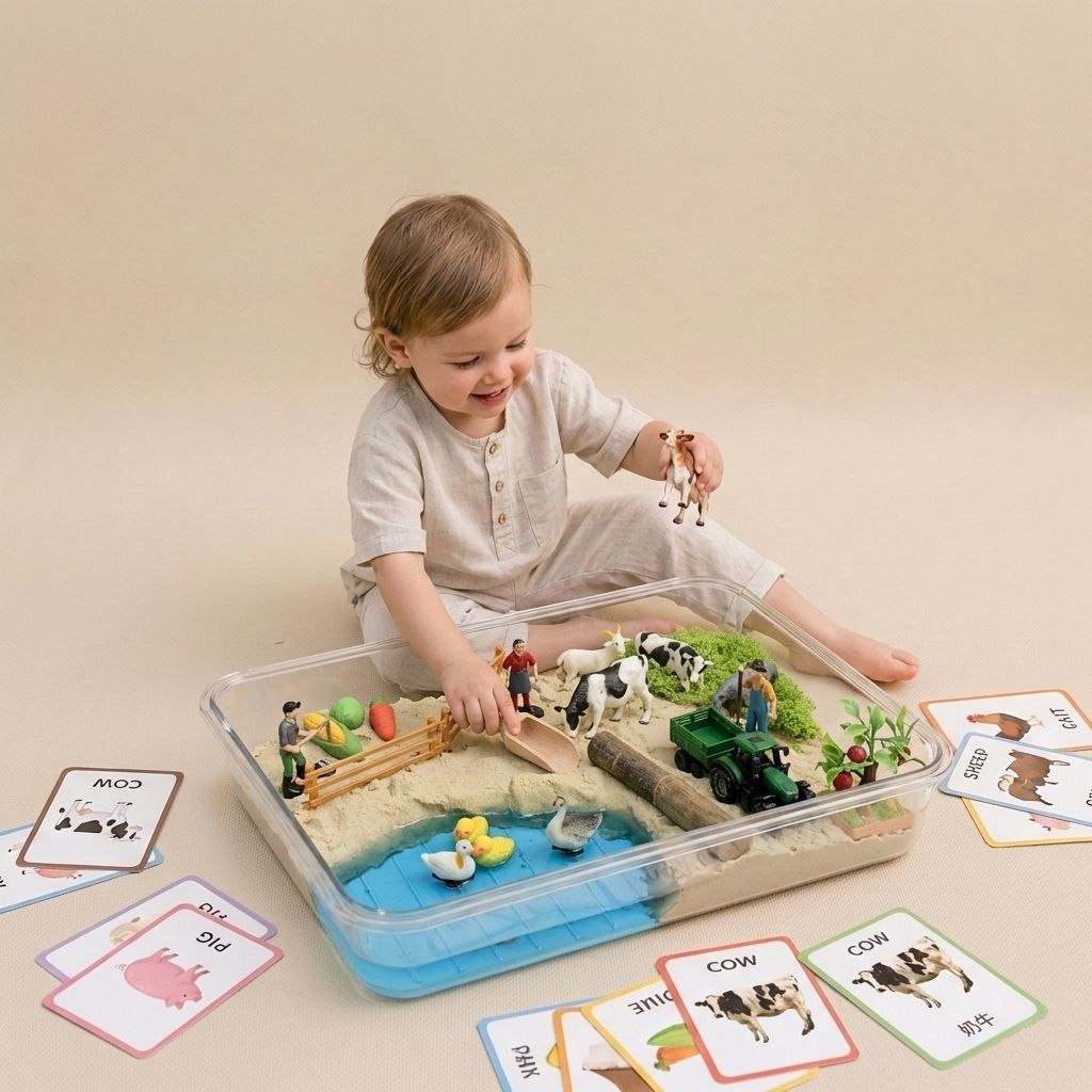 Toddler playing farm sensory play set with animals for imaginative and fine motor development