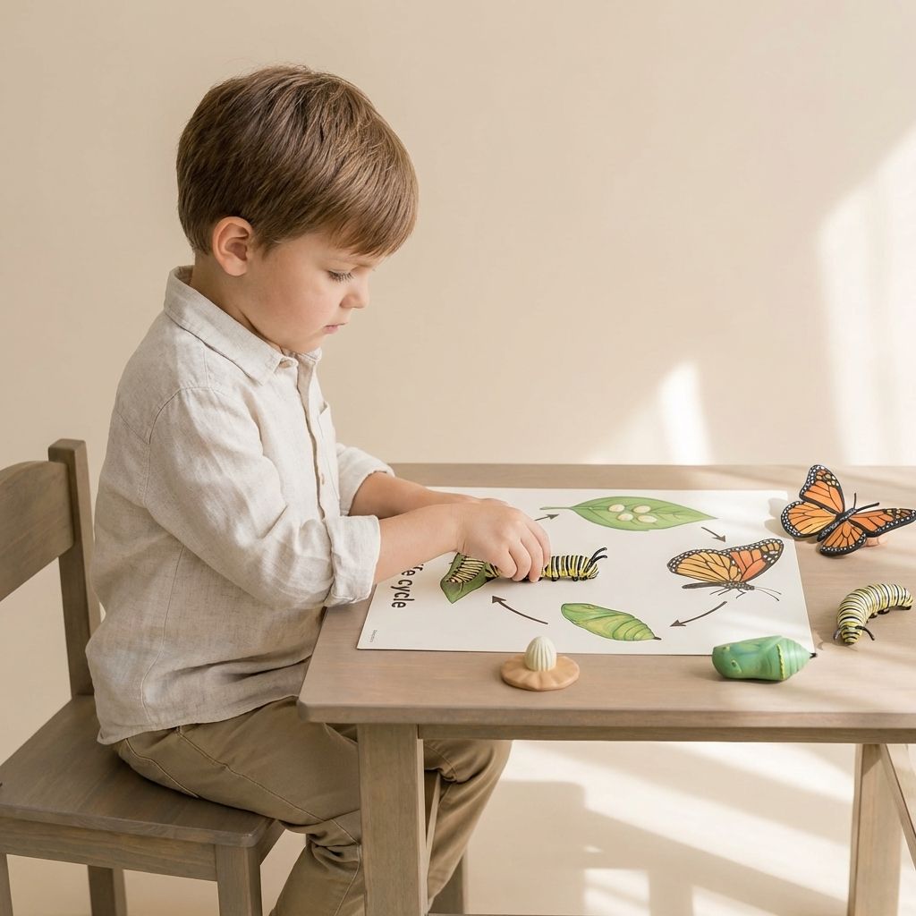 Child learning life cycle with hands-on sensory play activity for early learning
