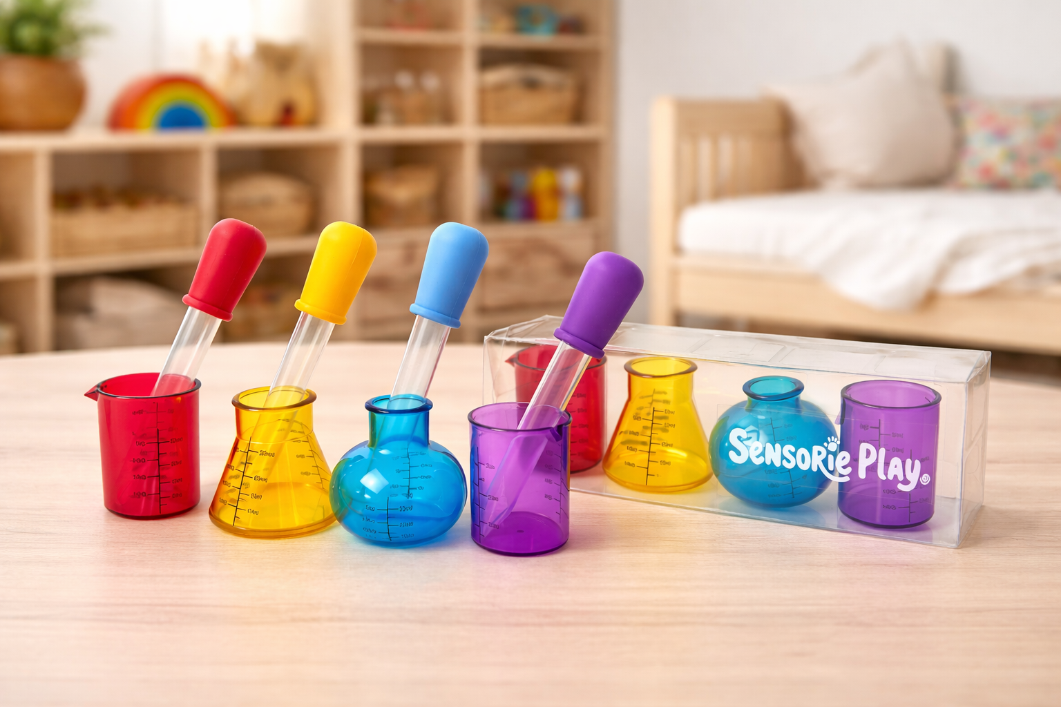 Colorful plastic laboratory beakers and droppers from Sensorie Play on a wooden table in a brightly lit room.