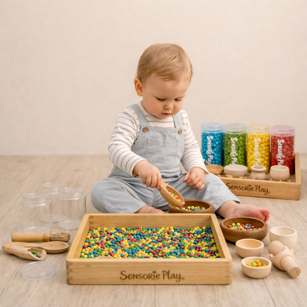 Toddler color sorting sensory play with rainbow materials and wooden tools for fine motor skills