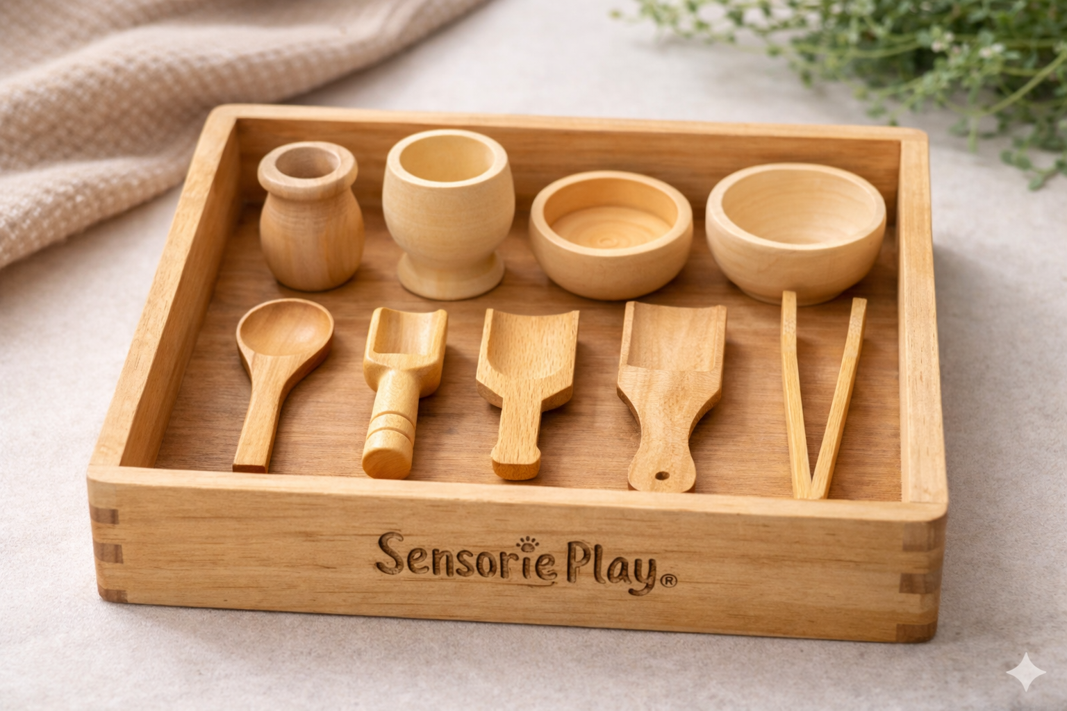Montessori wooden sensory play kit with tray and tools for kids