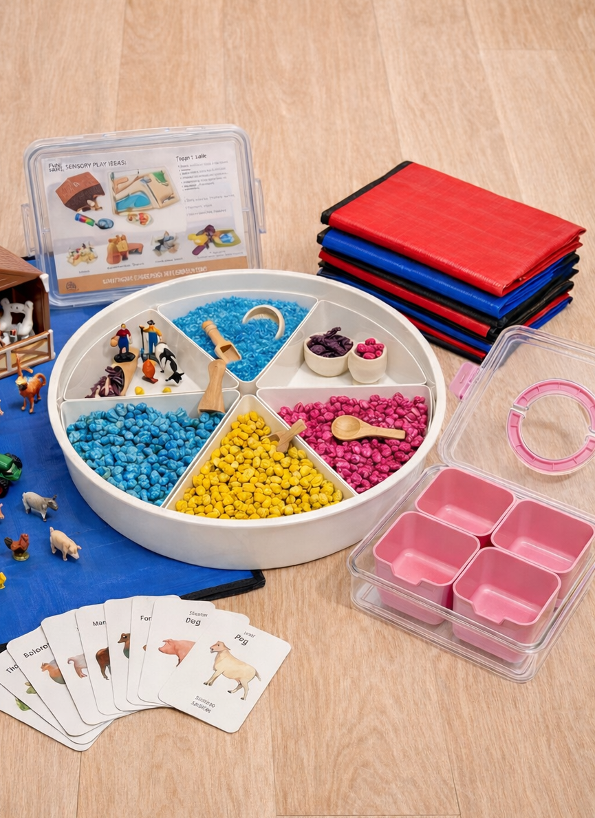 Kids sensory play kit with tray materials and tools for easy setup play