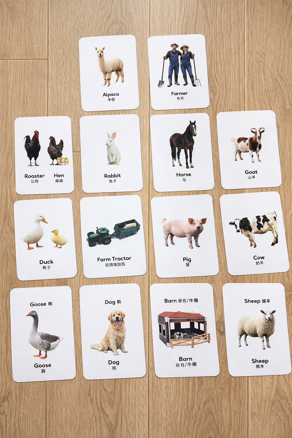 Farm animal flashcards with English and Mandarin for kids learning and sensory play matching